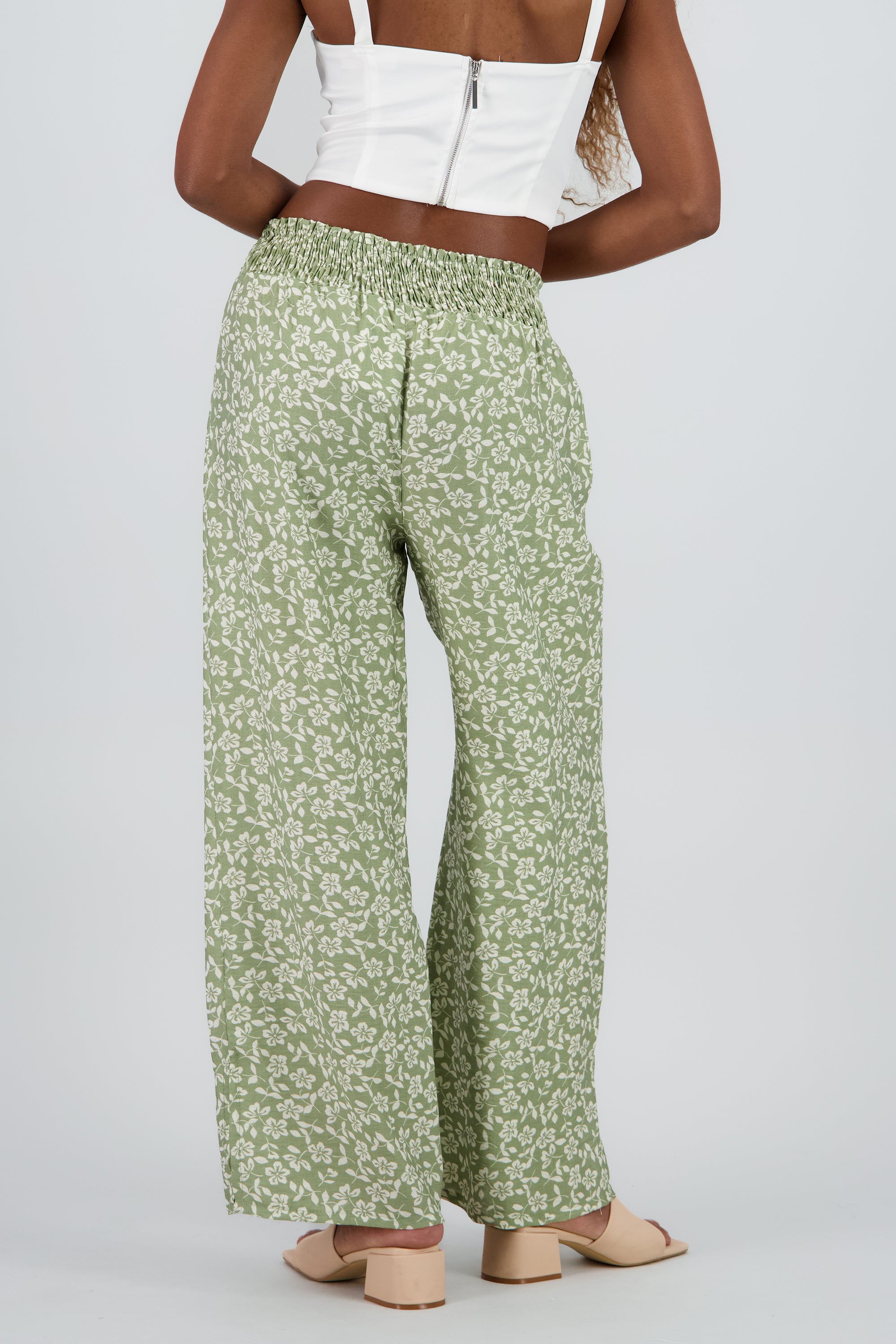 Pantalon amplio detalle smock cintura OLIVO COMBO