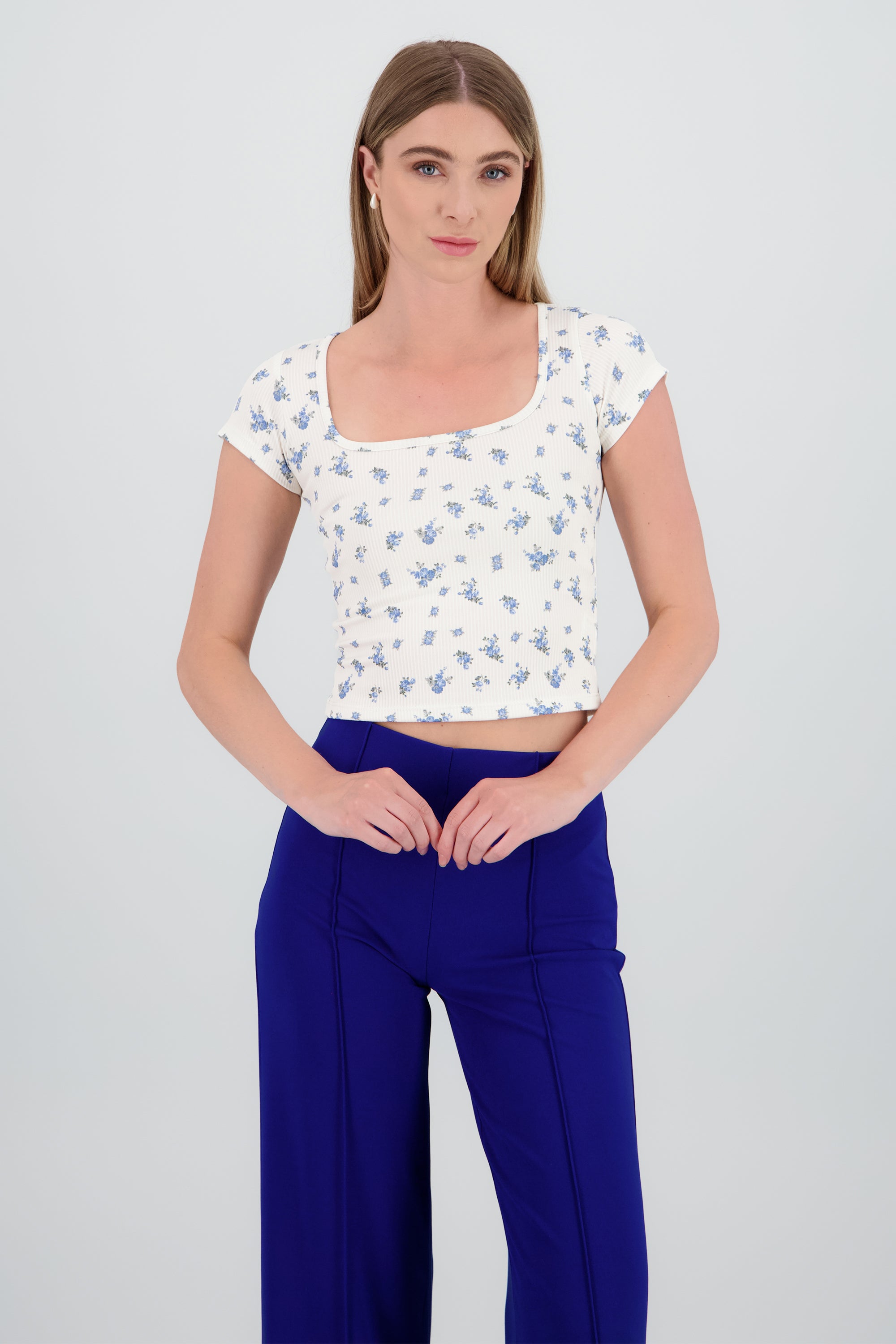 Top manga corta escote cuadrado estampado BLANCO COMBO