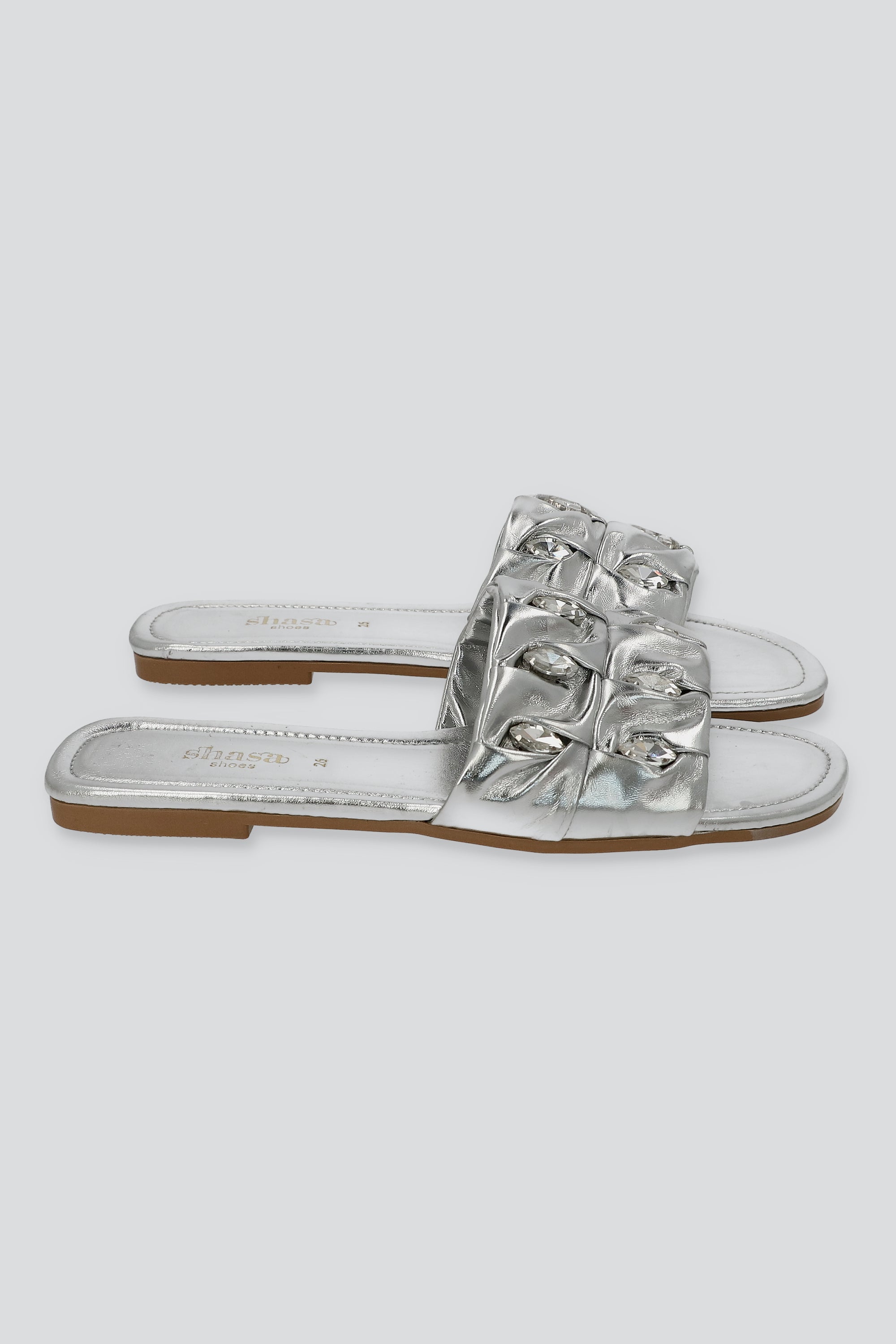 Sandalia tira ancha pliegues gemas grandes PLATA