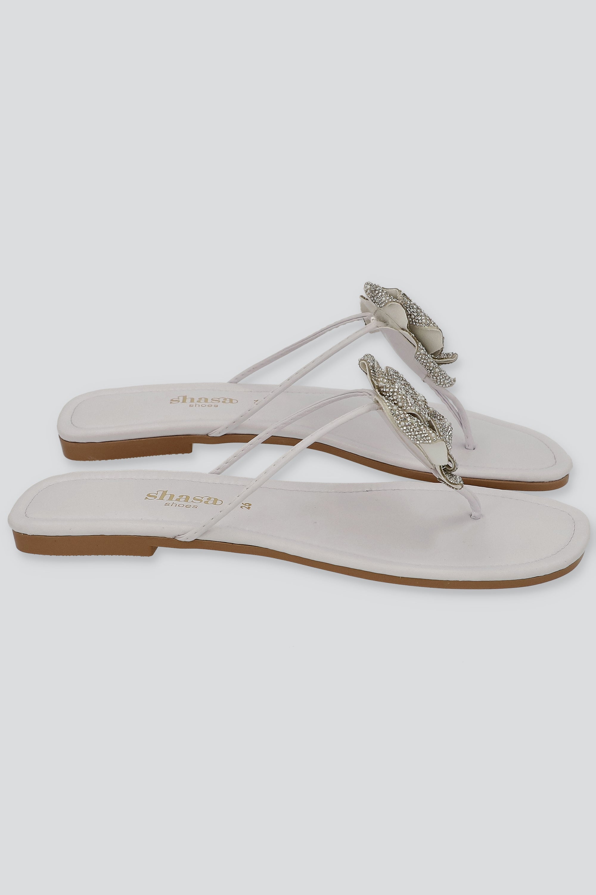 Sandala pata de gallo brillos flor BLANCO