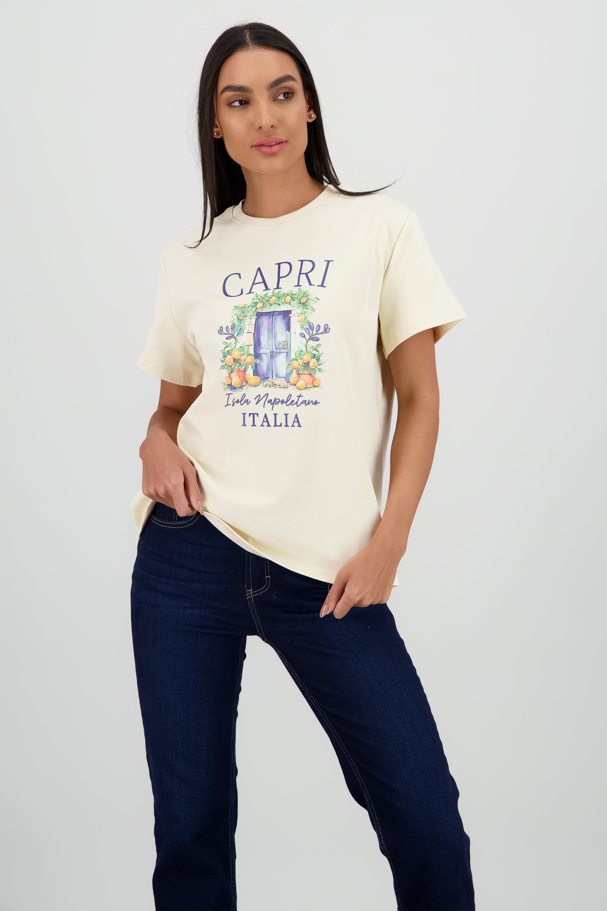 Playera manga corta estampado capri BEIGE