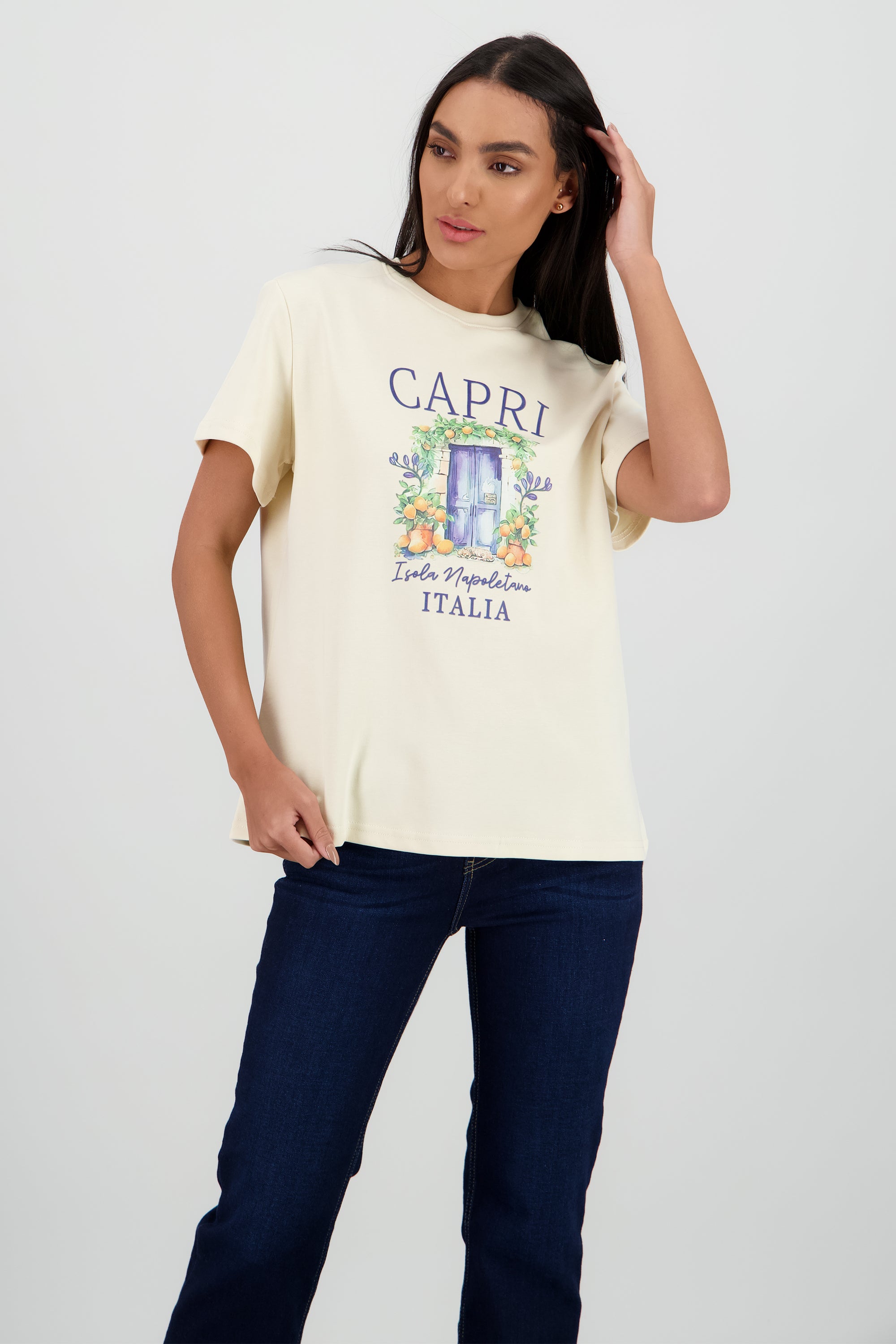 Playera manga corta estampado capri BEIGE