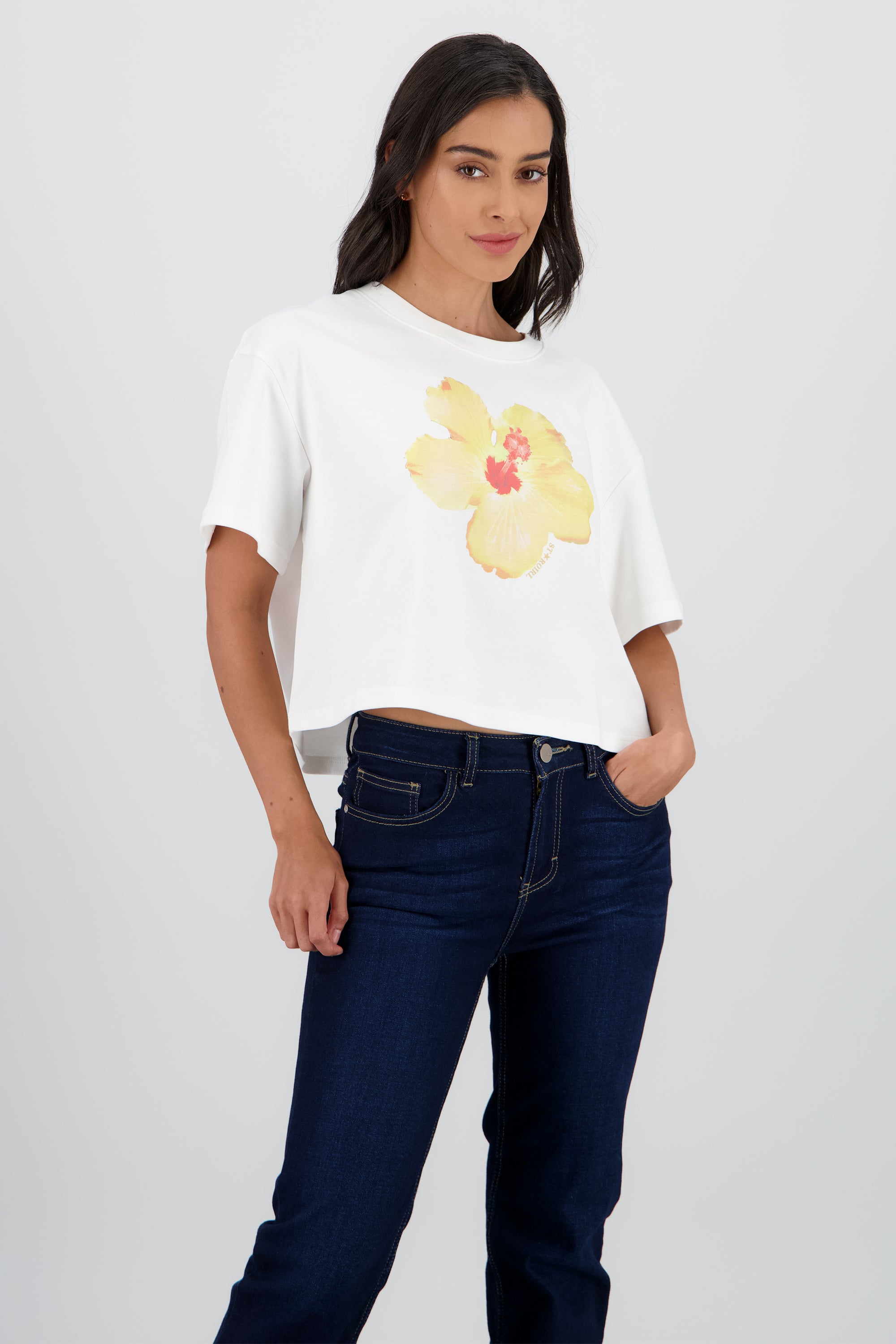 Playera manga corta crop estampado flor BLANCO