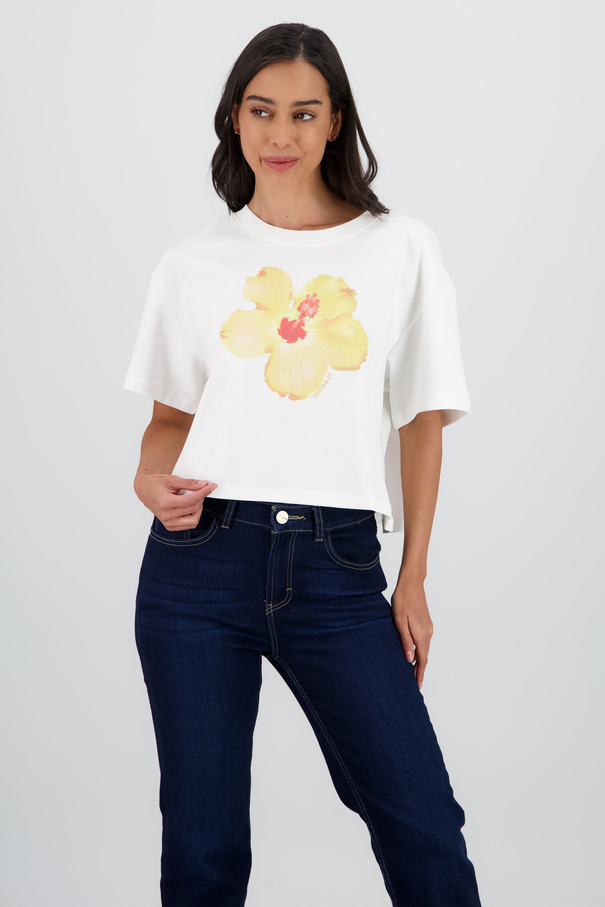 Playera manga corta crop estampado flor BLANCO