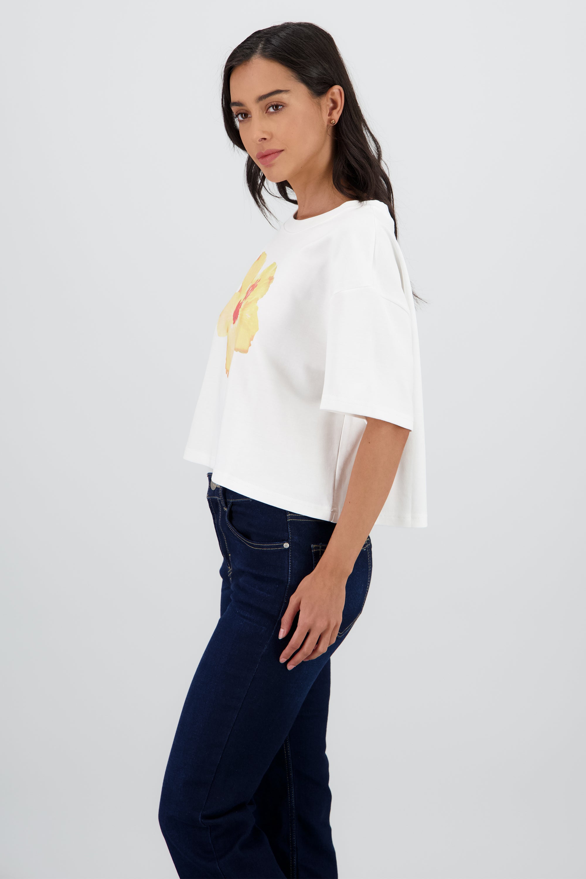 Playera manga corta crop estampado flor BLANCO