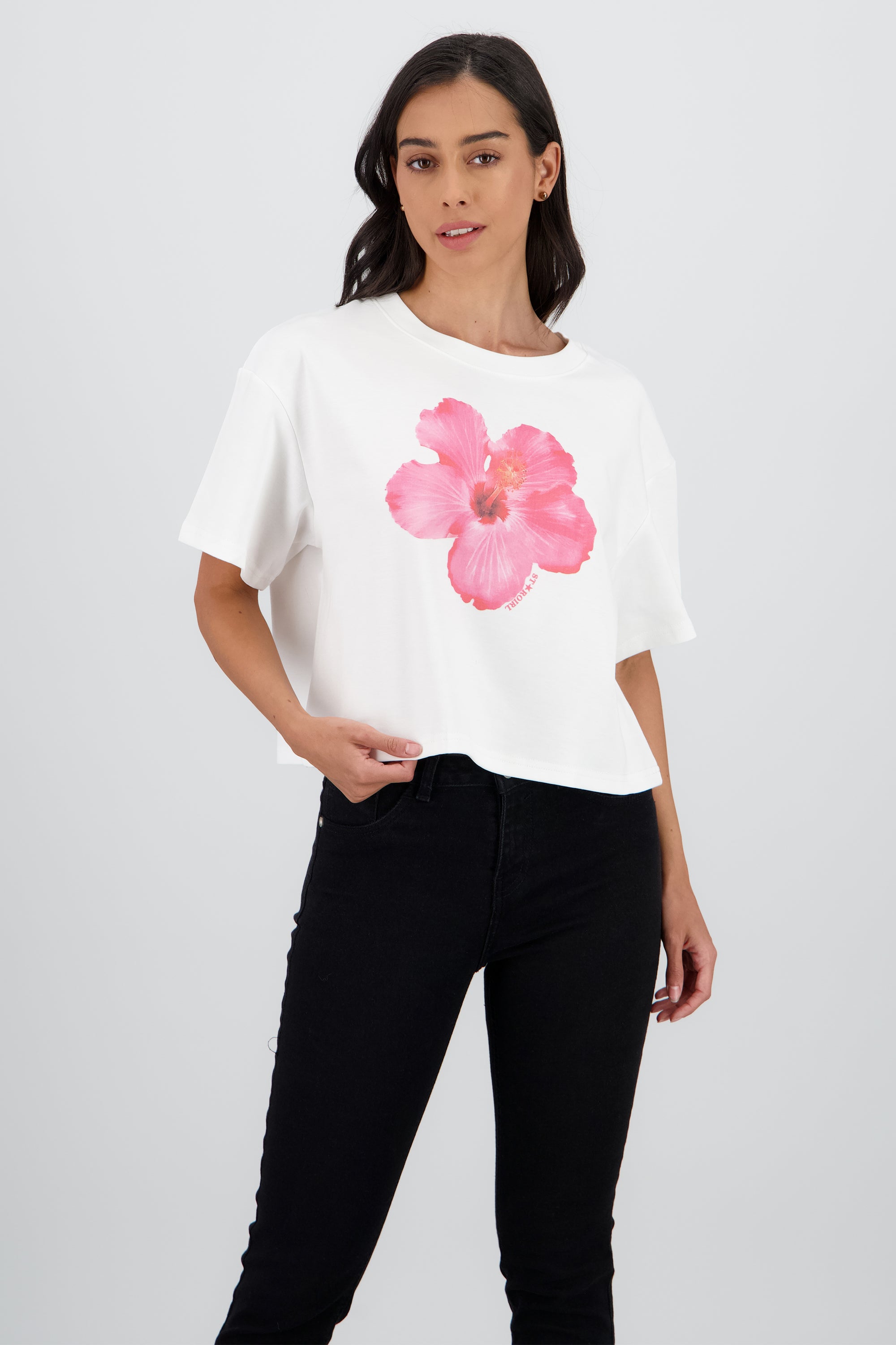 Playera manga corta crop estampado flor BLANCO COMBO
