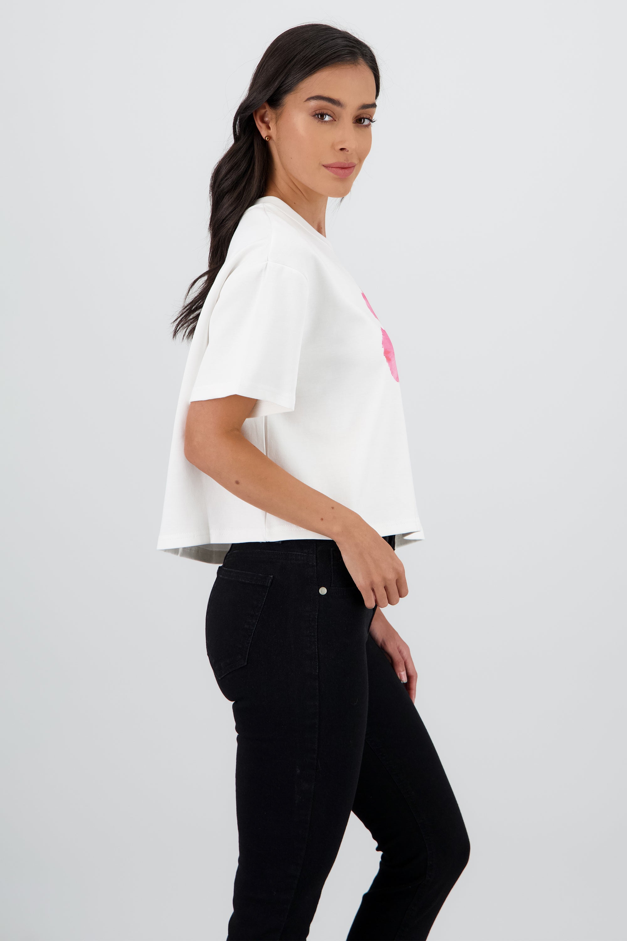 Playera manga corta crop estampado flor BLANCO COMBO
