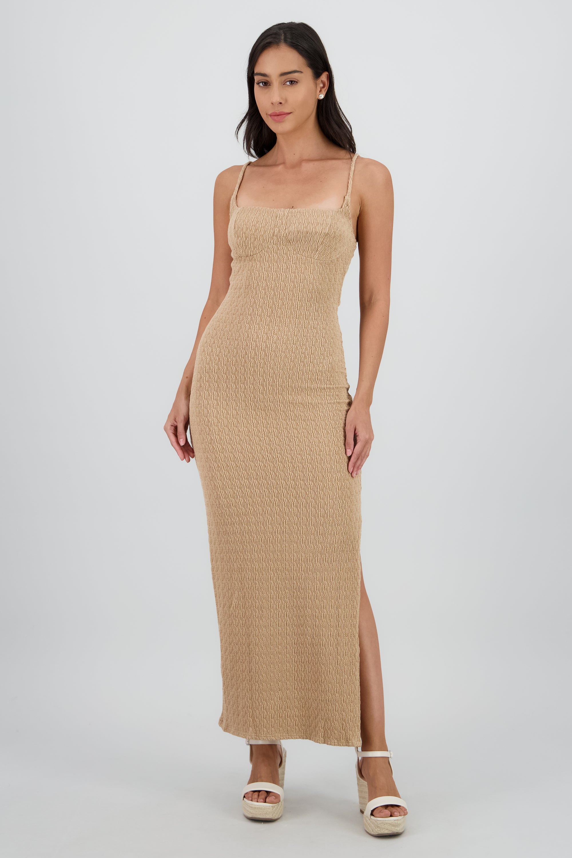 Vestido maxi textura con copas KHAKI