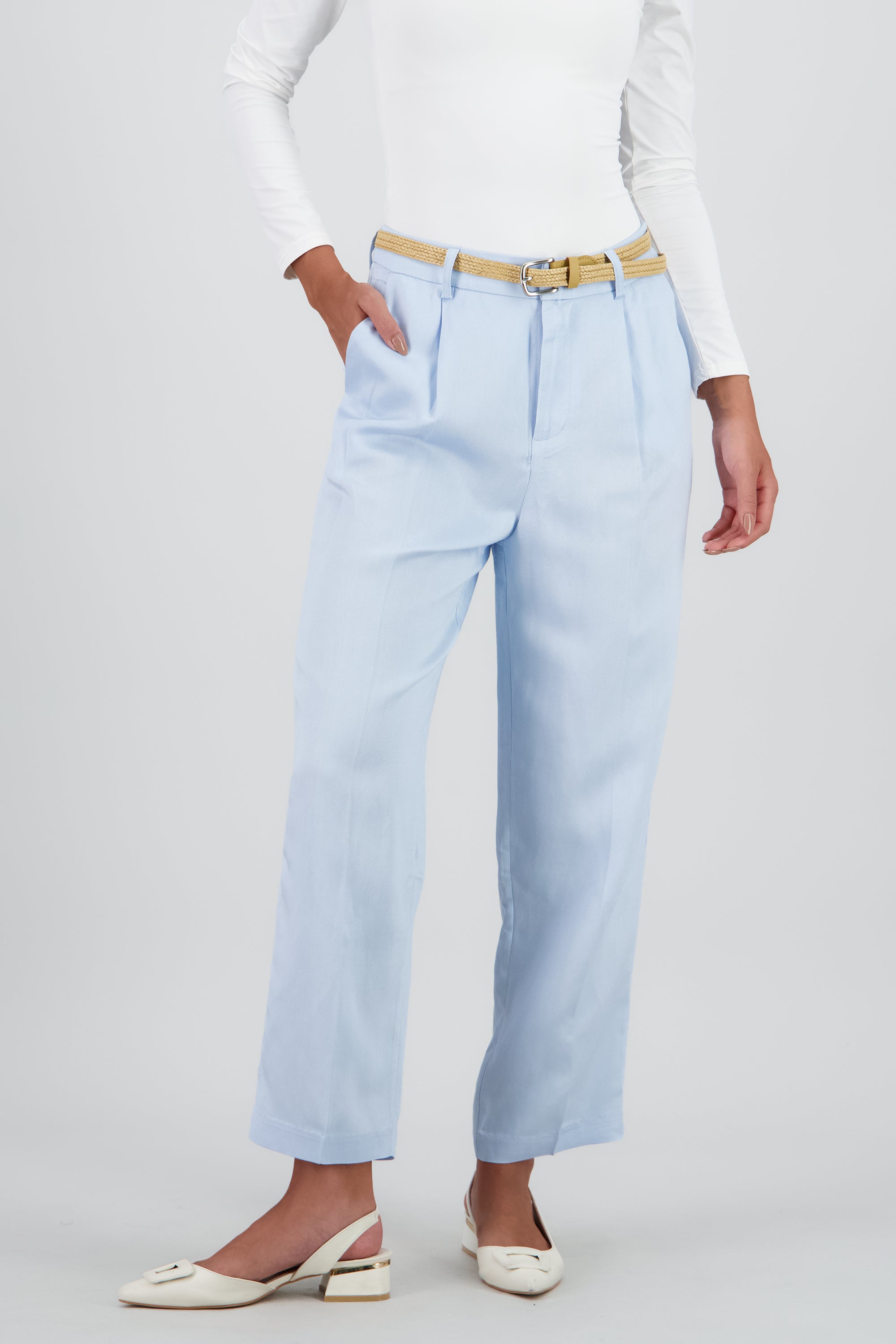 Pantalon recto liso presillas detalle cinturon AZUL