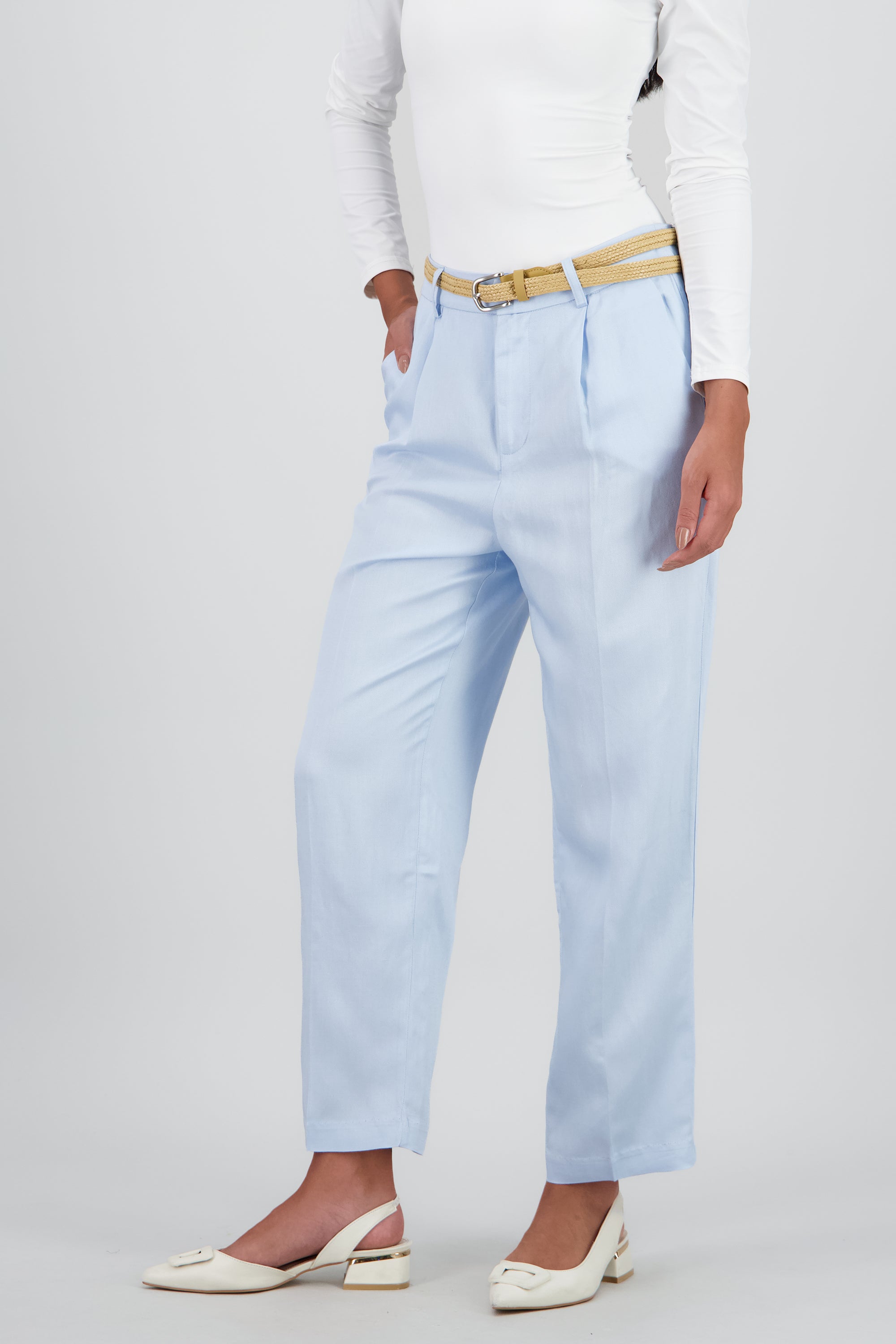 Pantalon recto liso presillas detalle cinturon AZUL