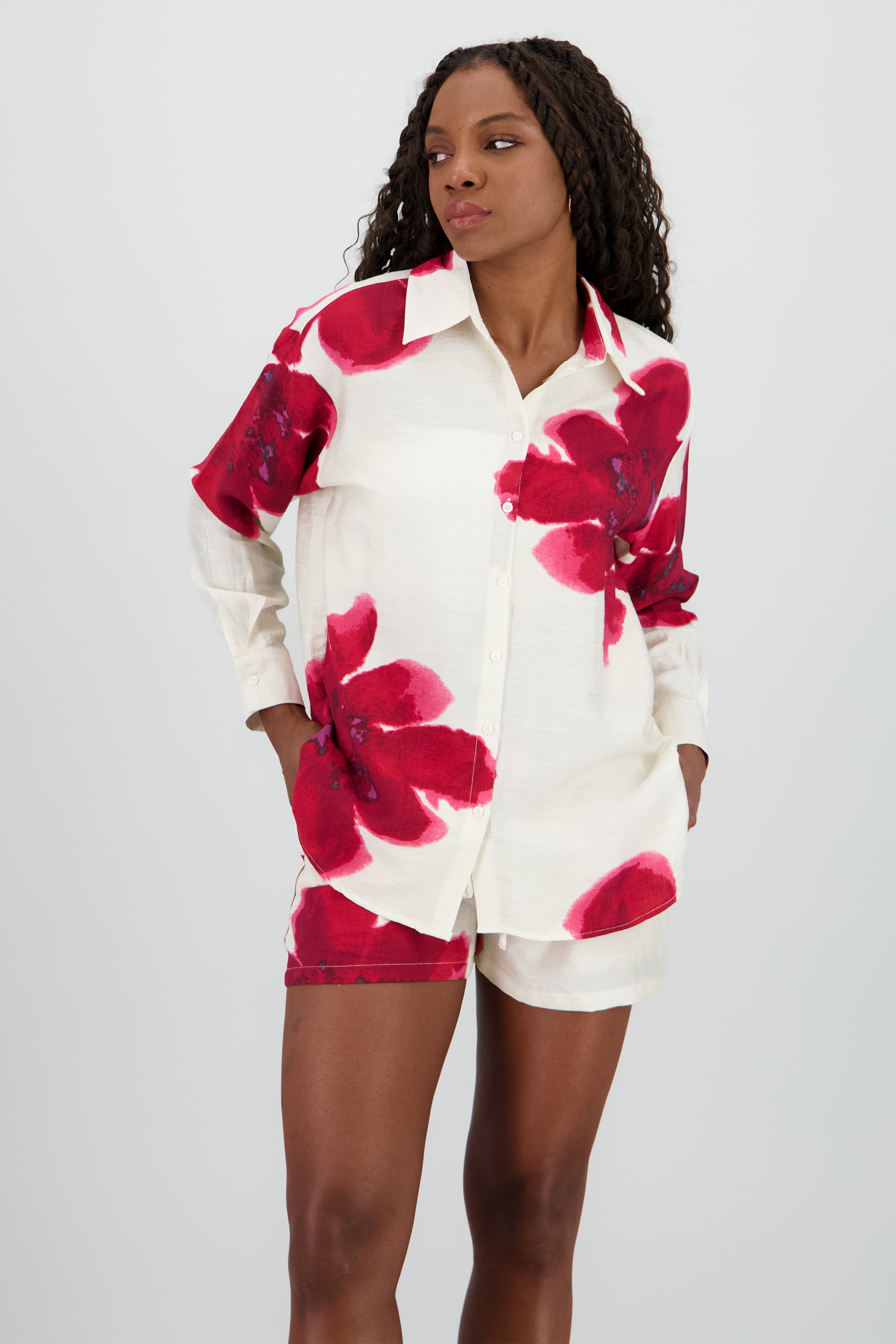 Camisa manga larga cuello detalle estampado ROJO COMBO