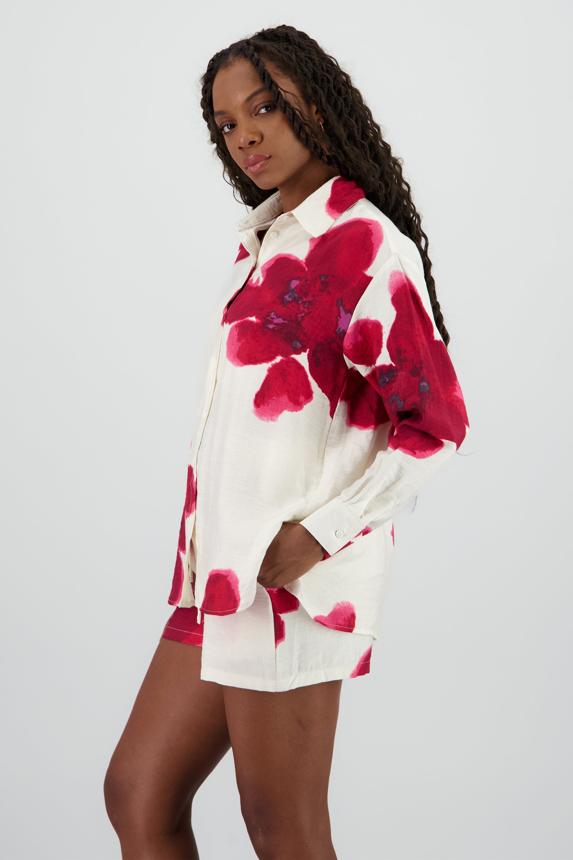 Camisa manga larga cuello detalle estampado ROJO COMBO