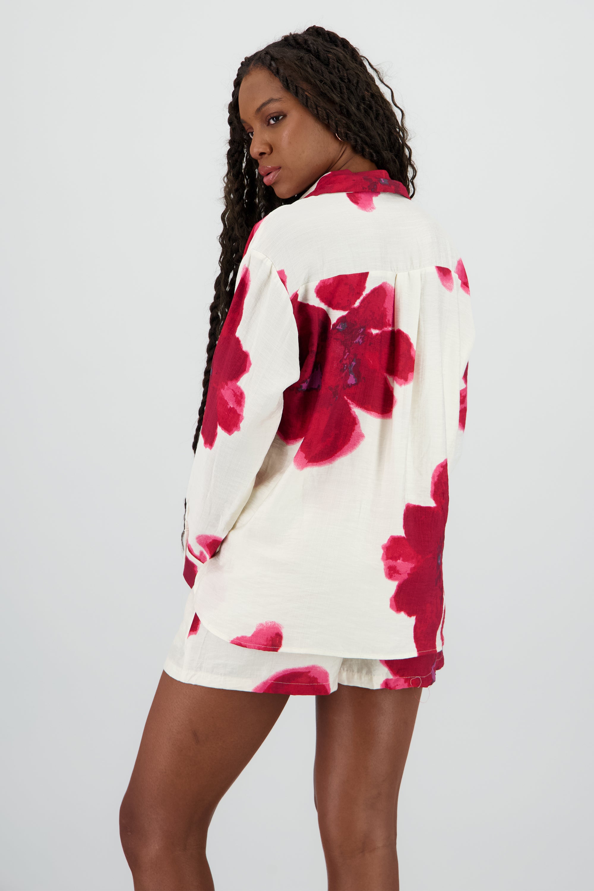 Camisa manga larga cuello detalle estampado ROJO COMBO