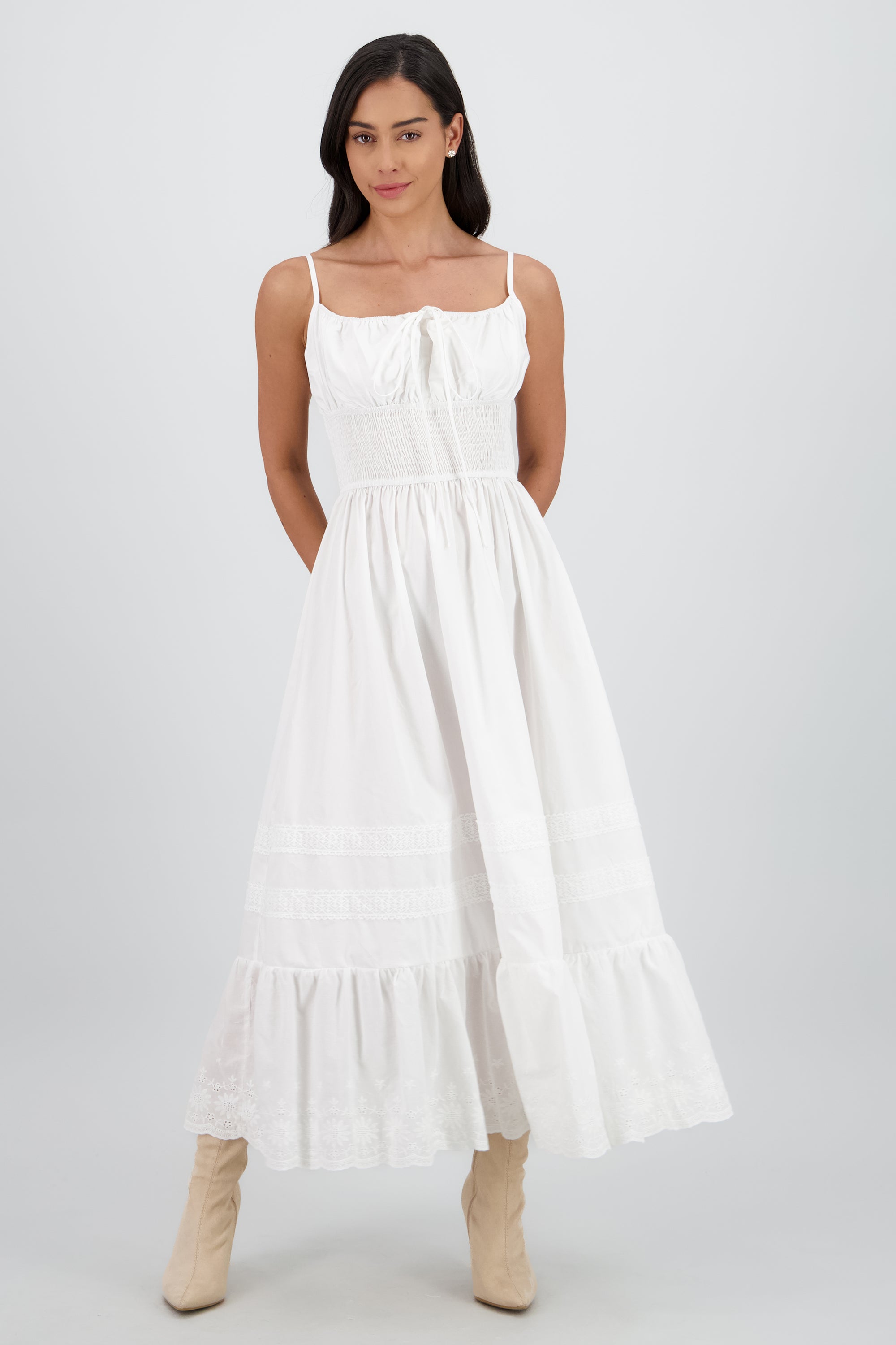 Vestido midi detalle smock tirantes BLANCO