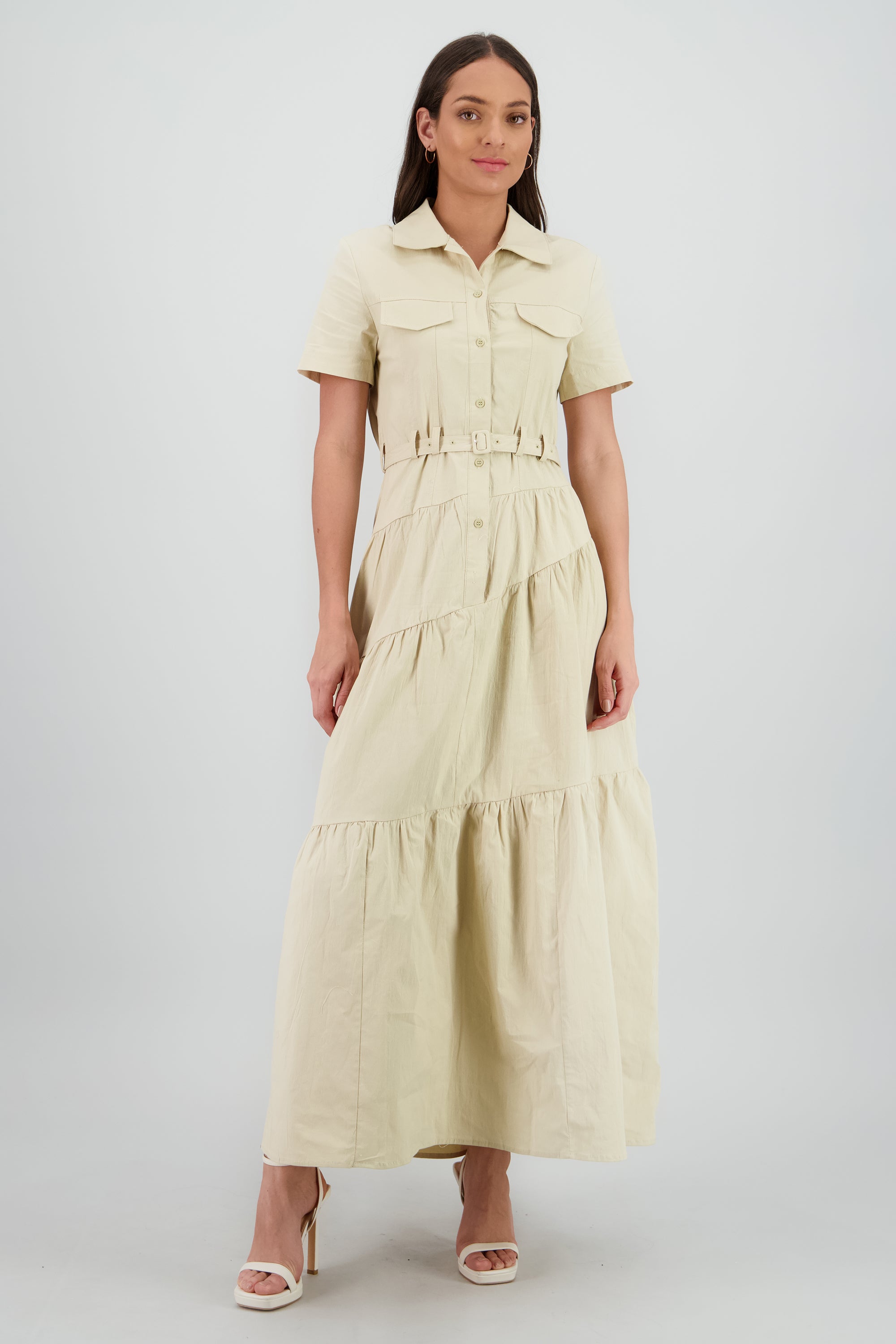 Vestido midi camisero manga corta cuello BEIGE