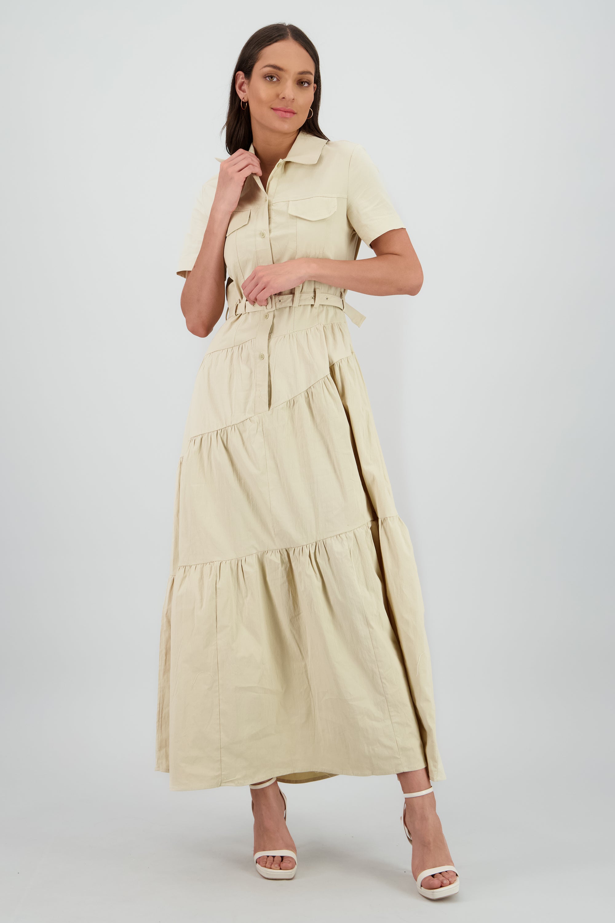 Vestido midi camisero manga corta cuello BEIGE
