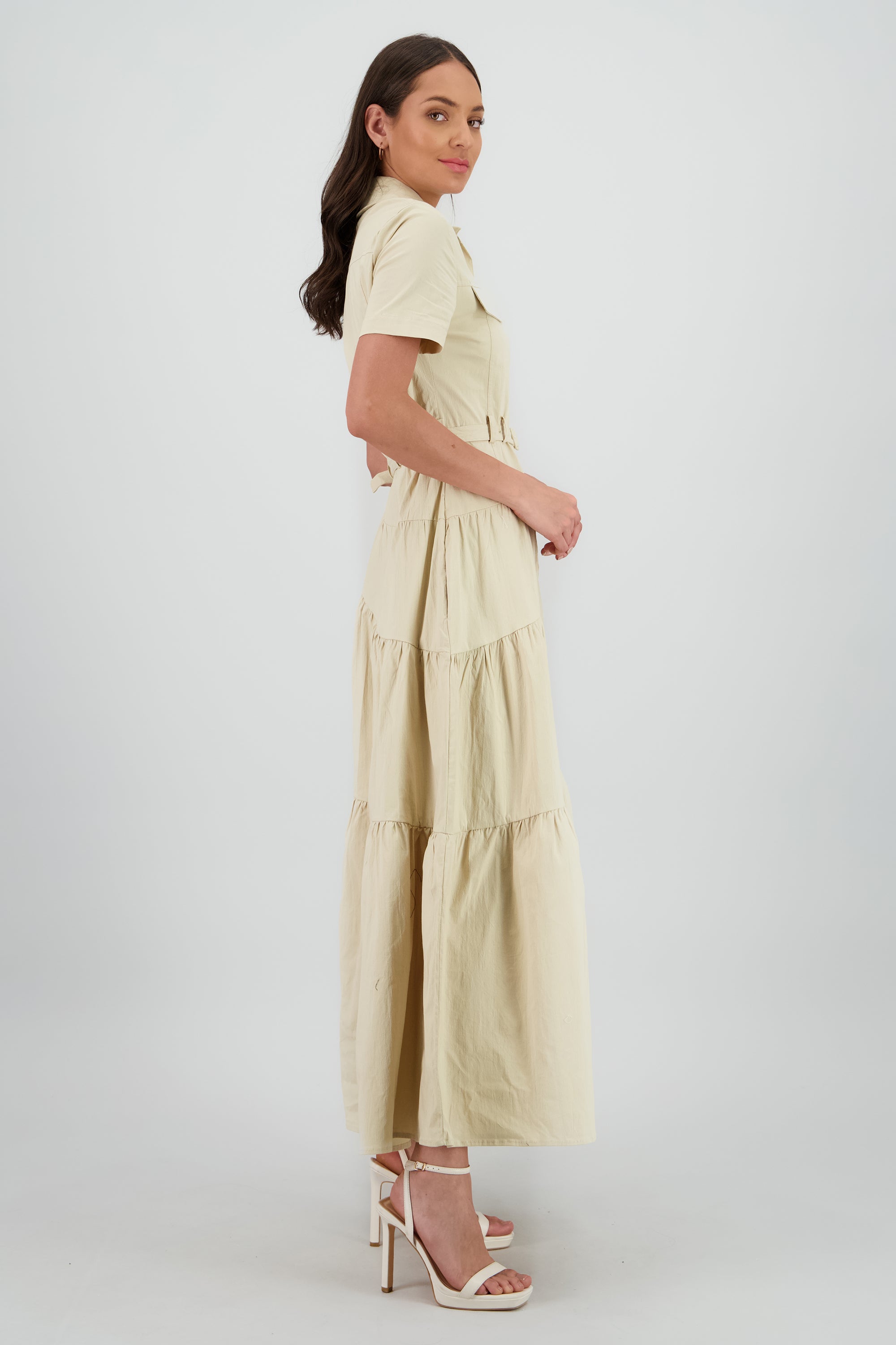 Vestido midi camisero manga corta cuello BEIGE