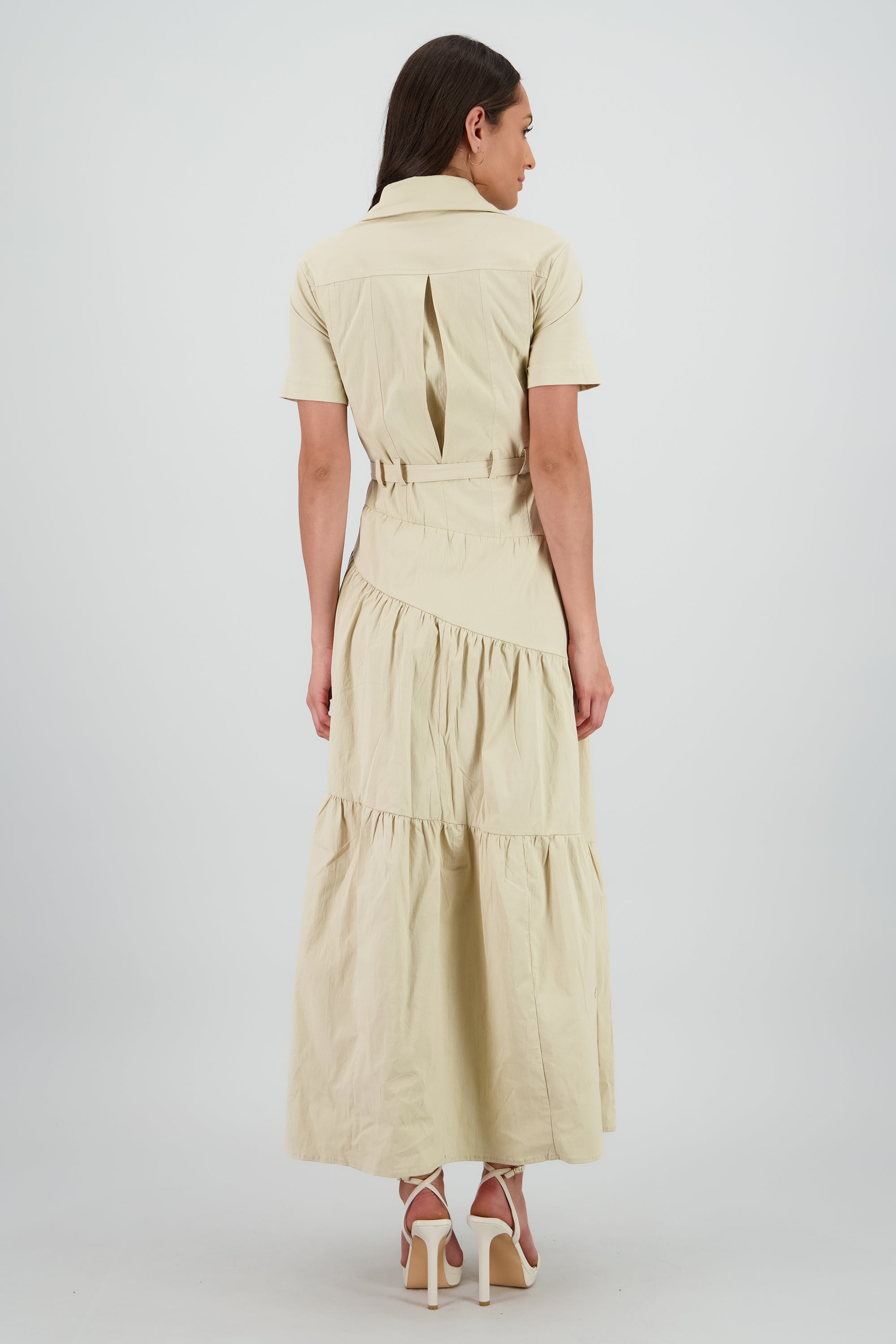 Vestido midi camisero manga corta cuello BEIGE