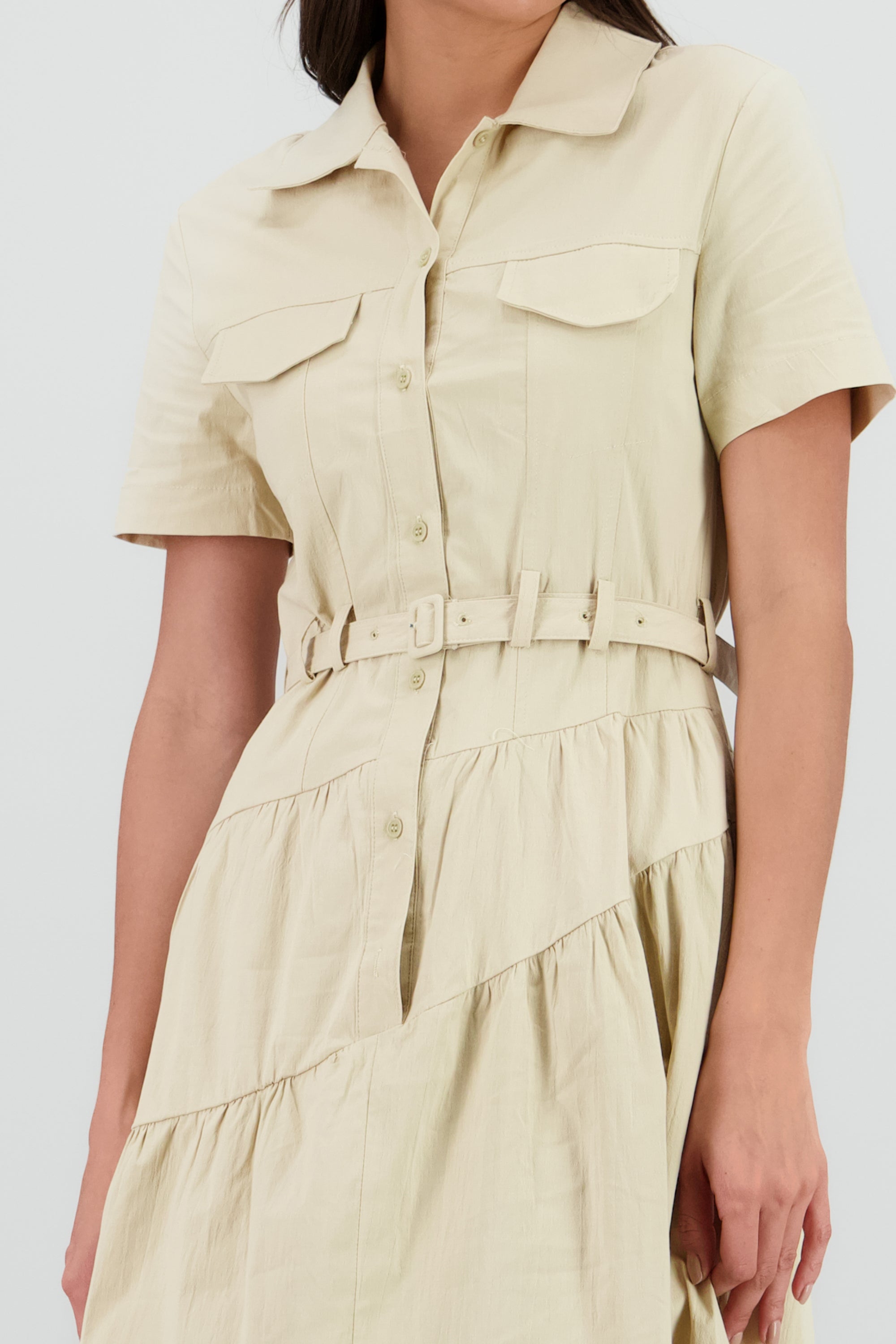 Vestido midi camisero manga corta cuello BEIGE