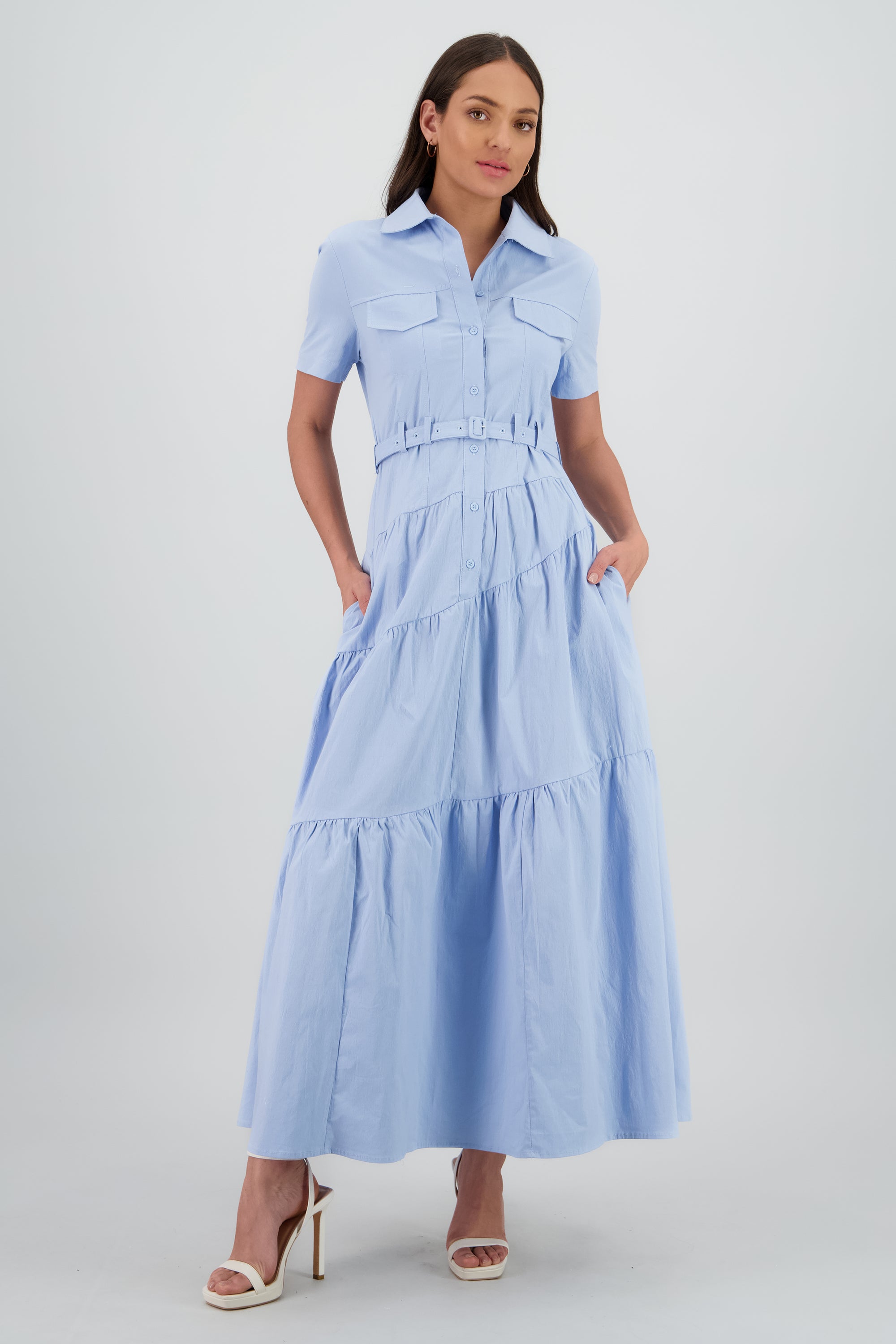 Vestido midi camisero manga corta cuello AZUL