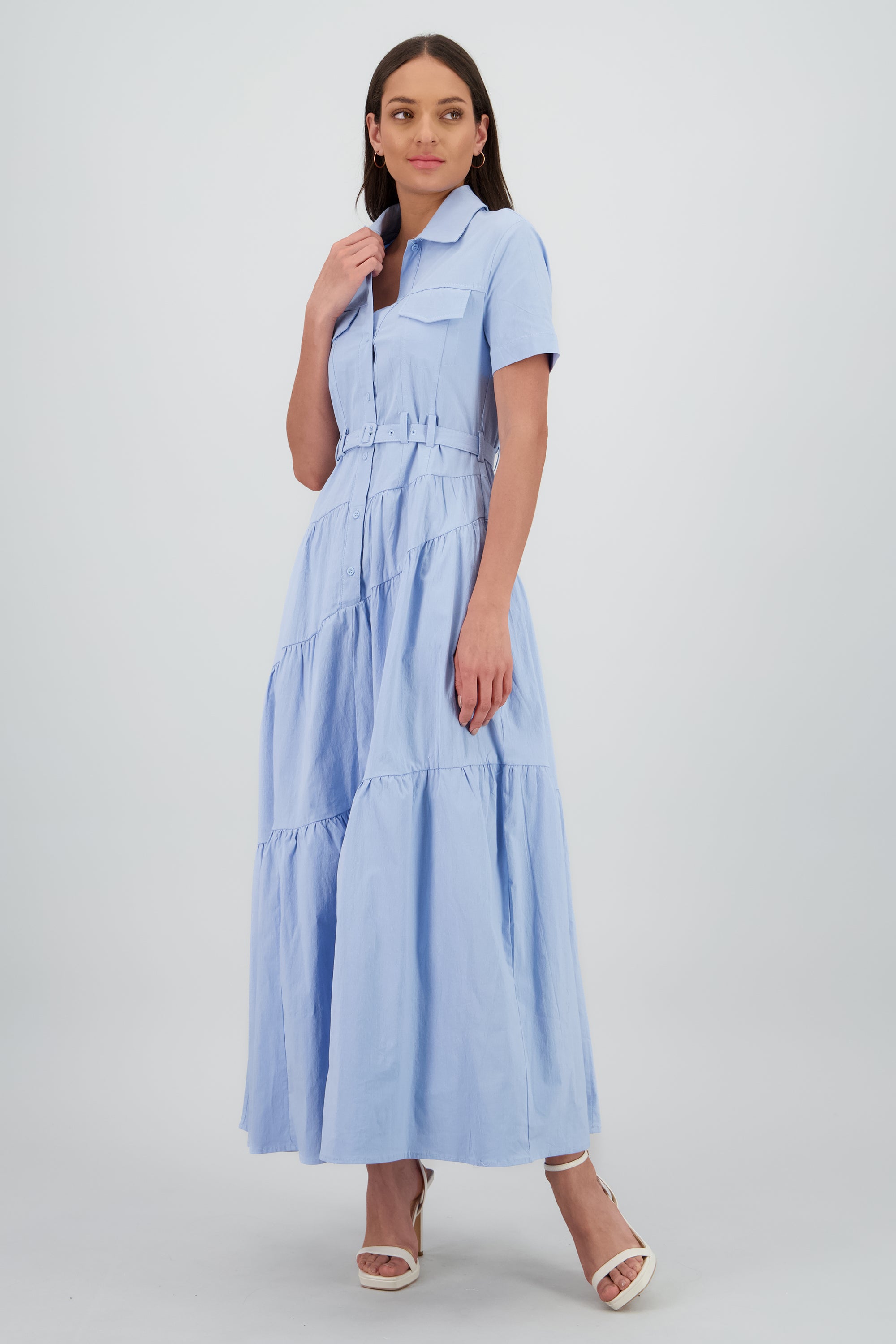 Vestido midi camisero manga corta cuello AZUL