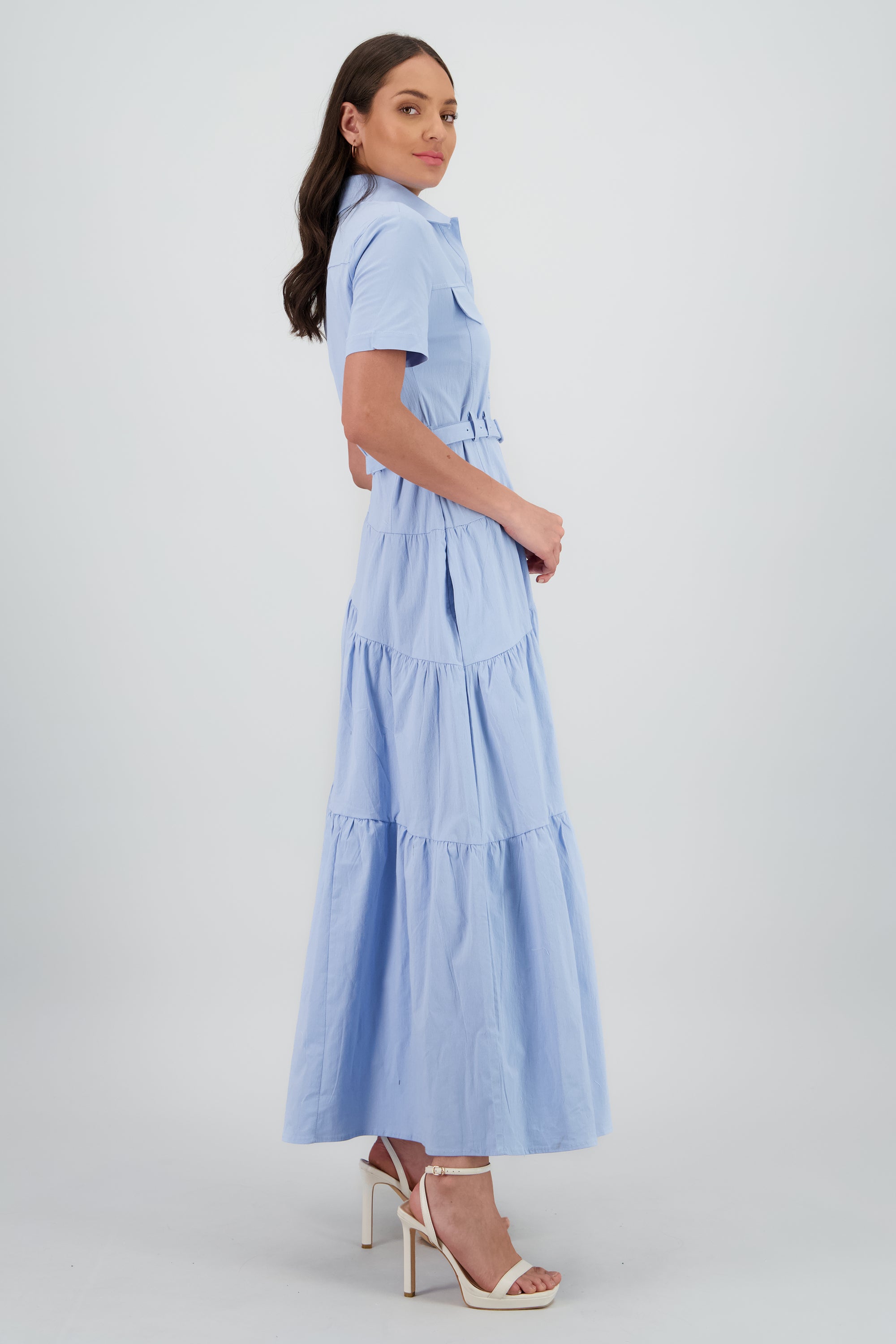 Vestido midi camisero manga corta cuello AZUL