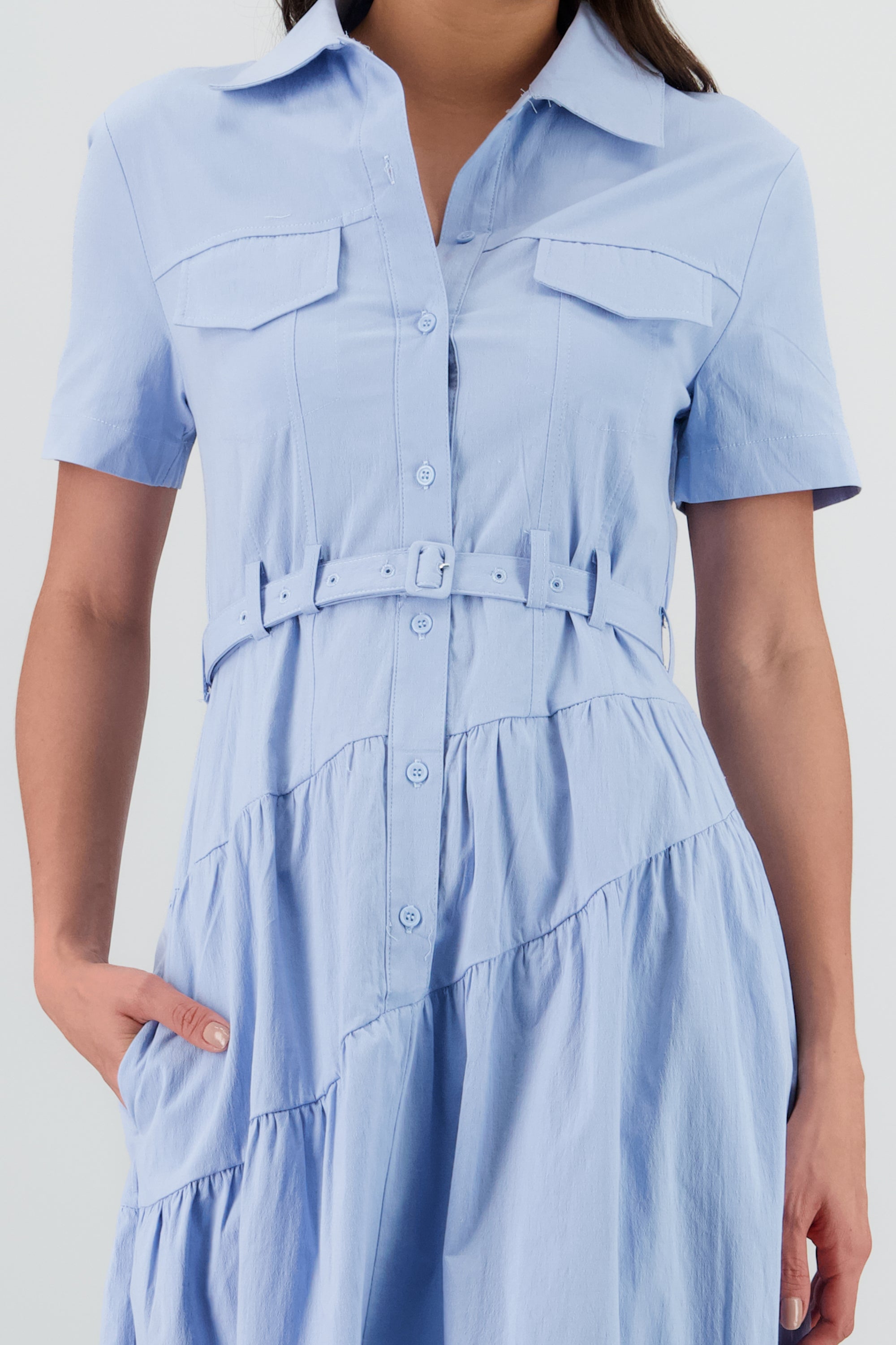 Vestido midi camisero manga corta cuello AZUL