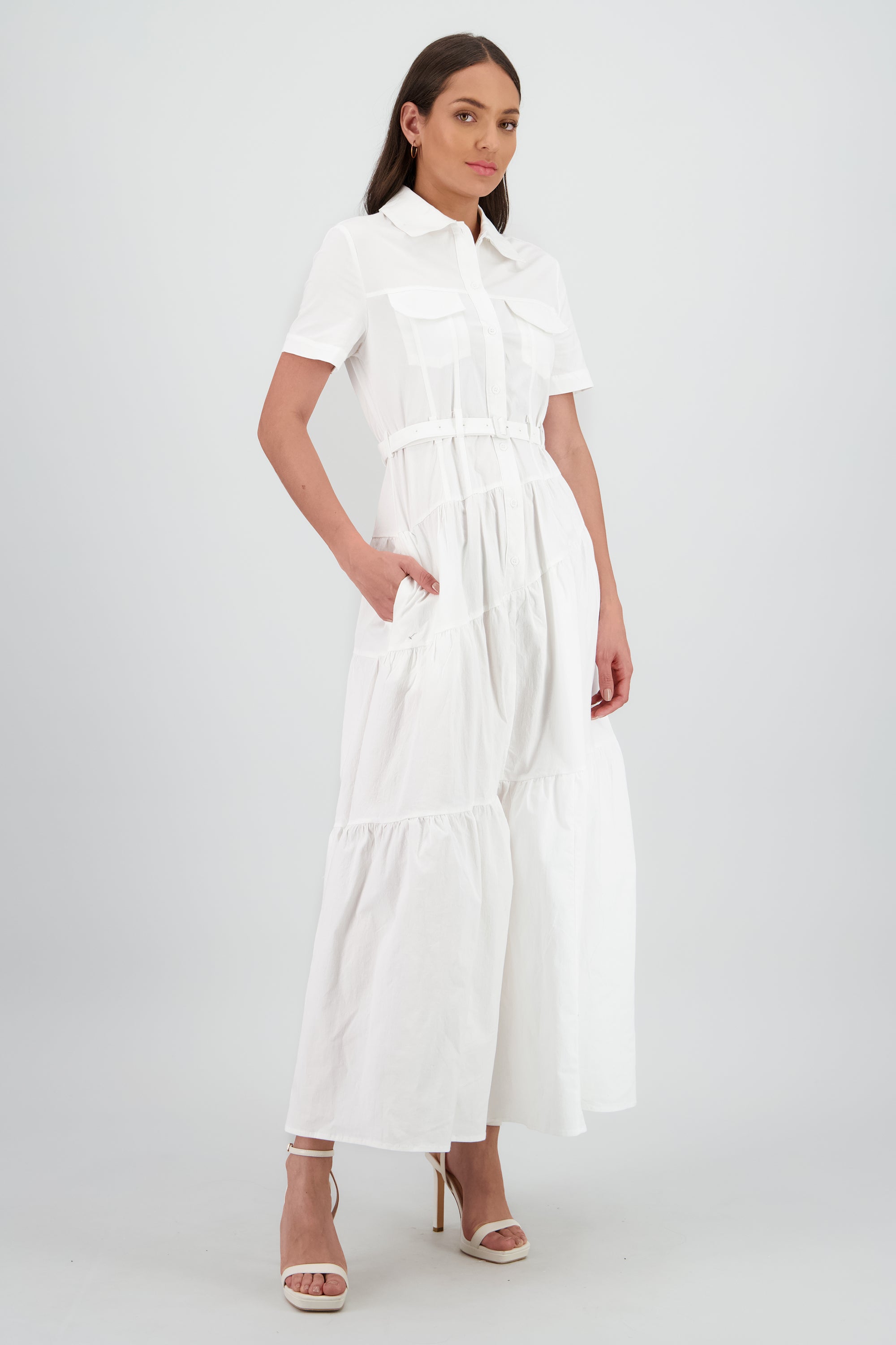 Vestido midi camisero manga corta cuello BLANCO