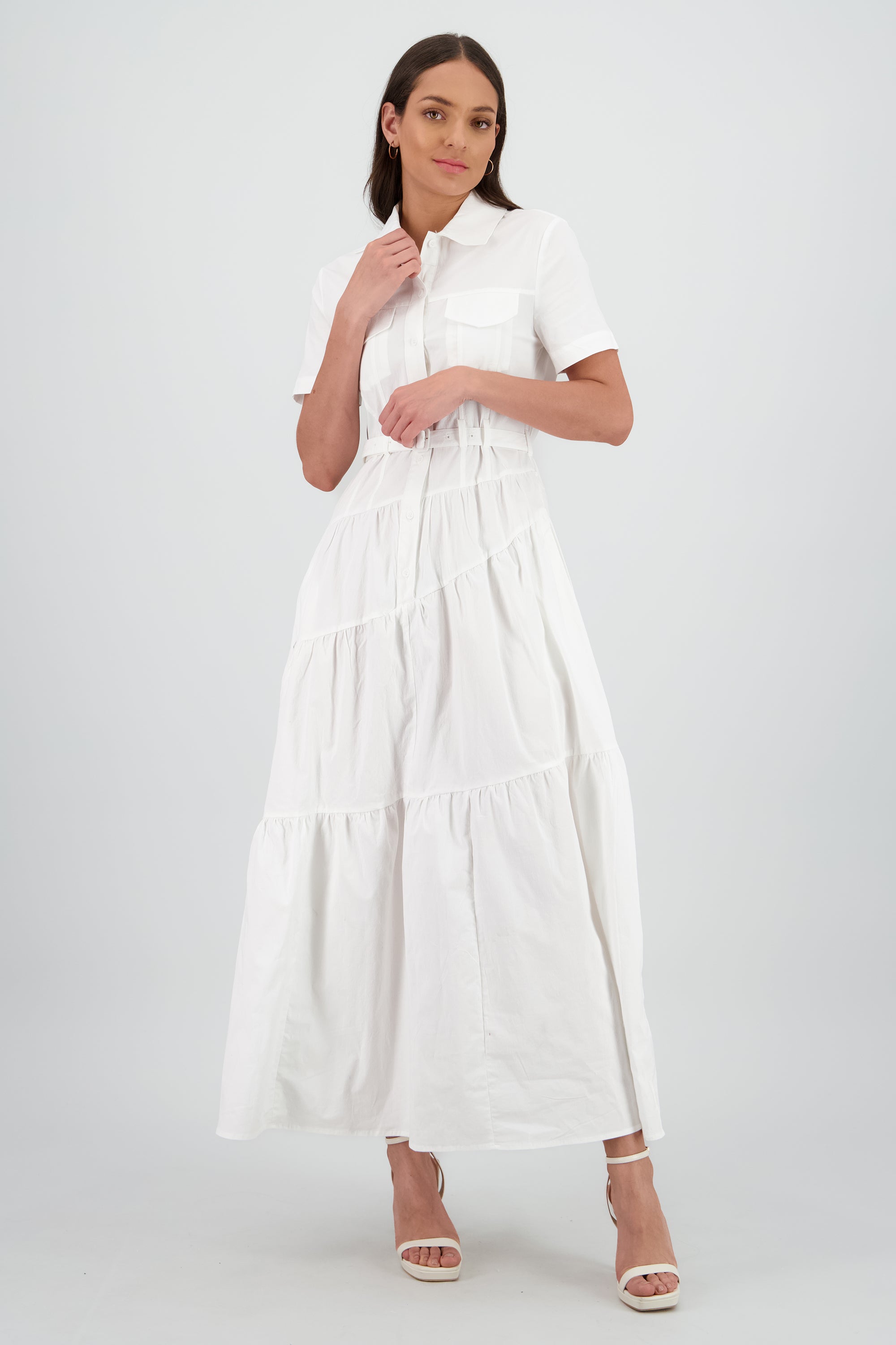 Vestido midi camisero manga corta cuello BLANCO