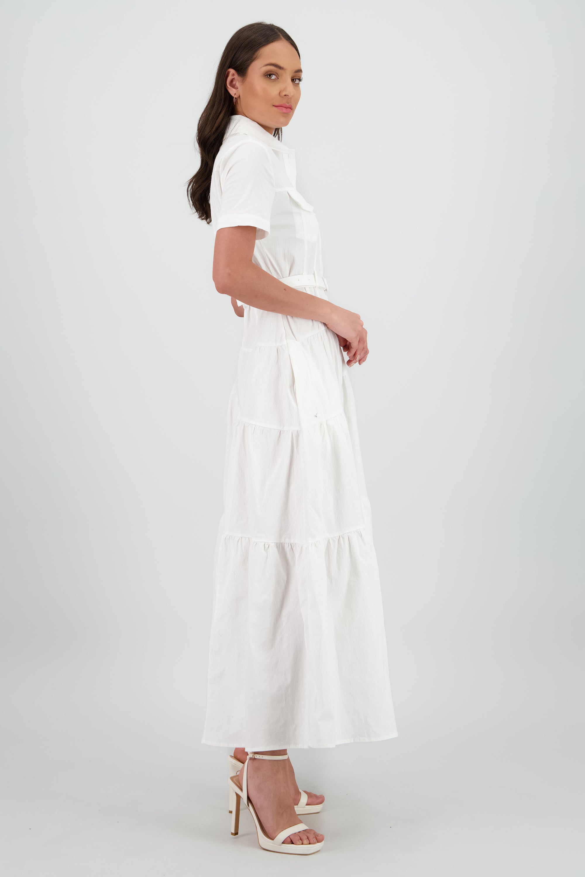 Vestido midi camisero manga corta cuello BLANCO