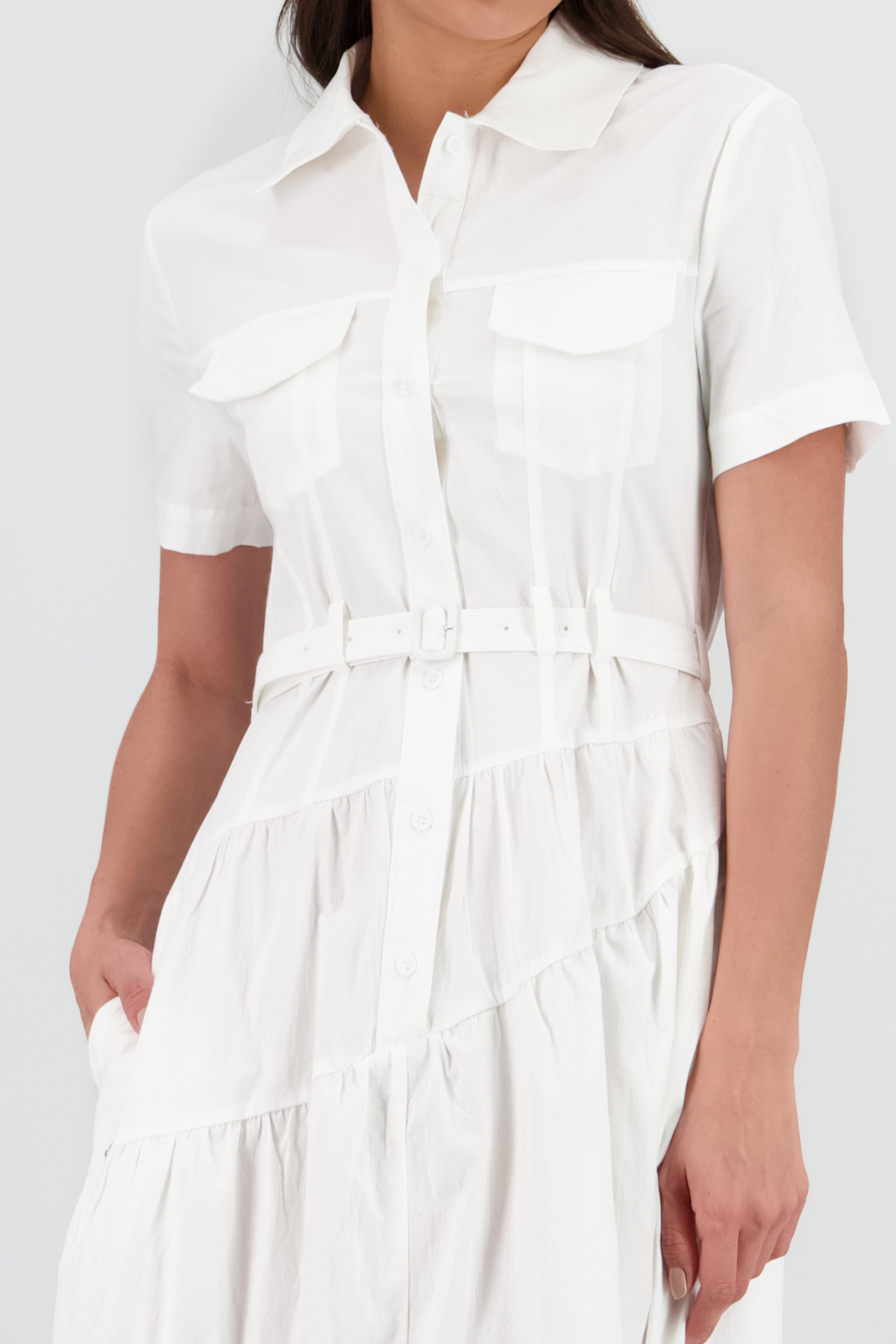 Vestido midi camisero manga corta cuello BLANCO