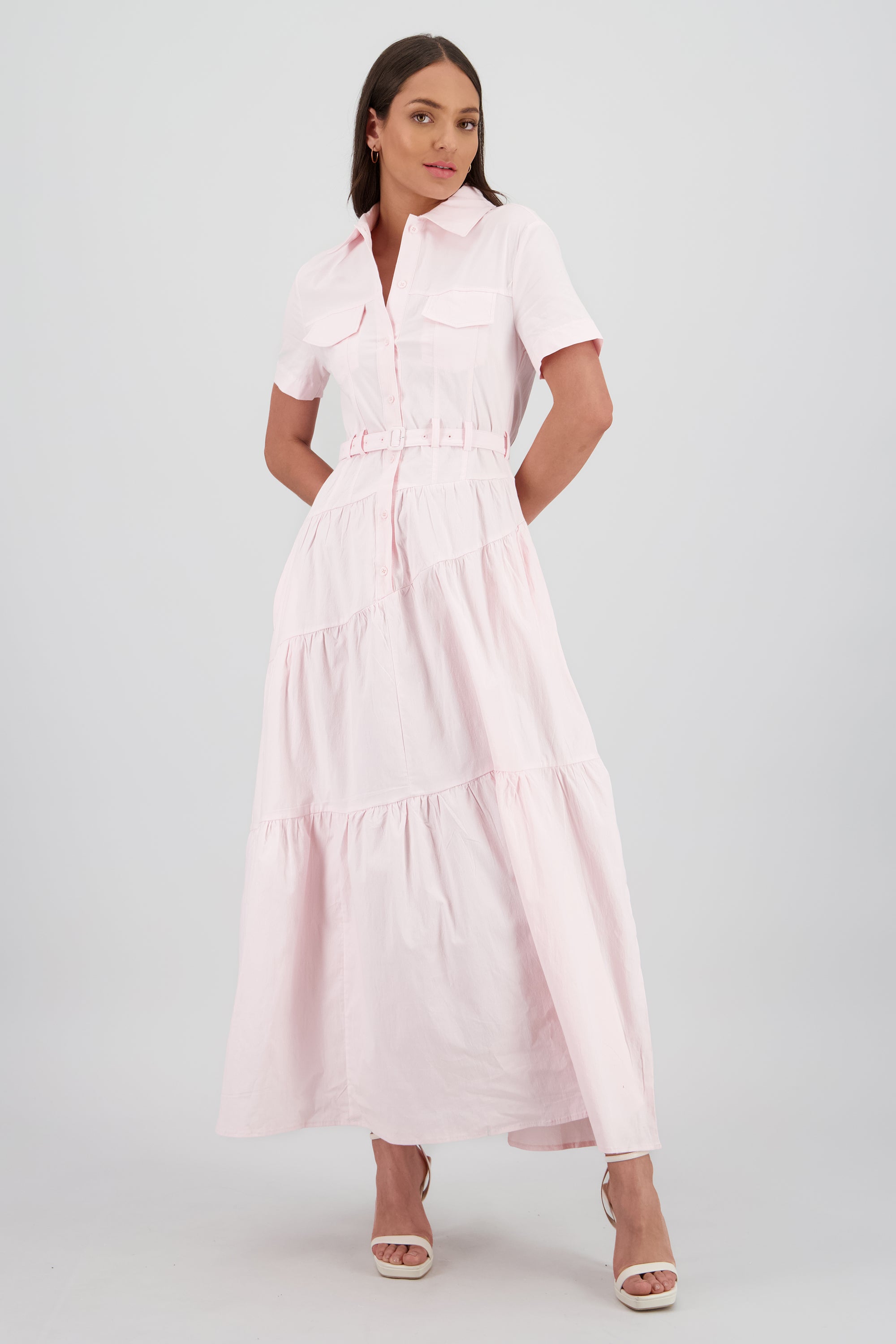 Vestido midi camisero manga corta cuello ROSA