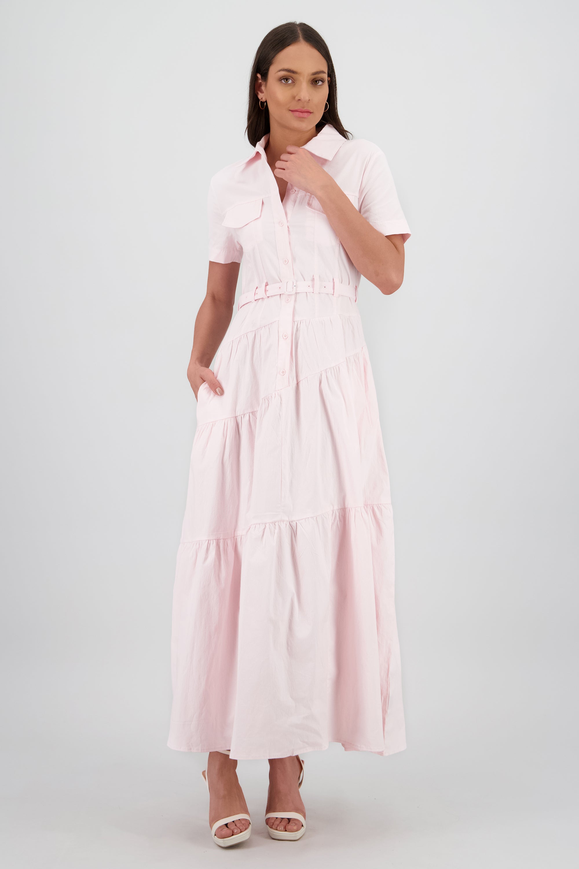 Vestido midi camisero manga corta cuello ROSA