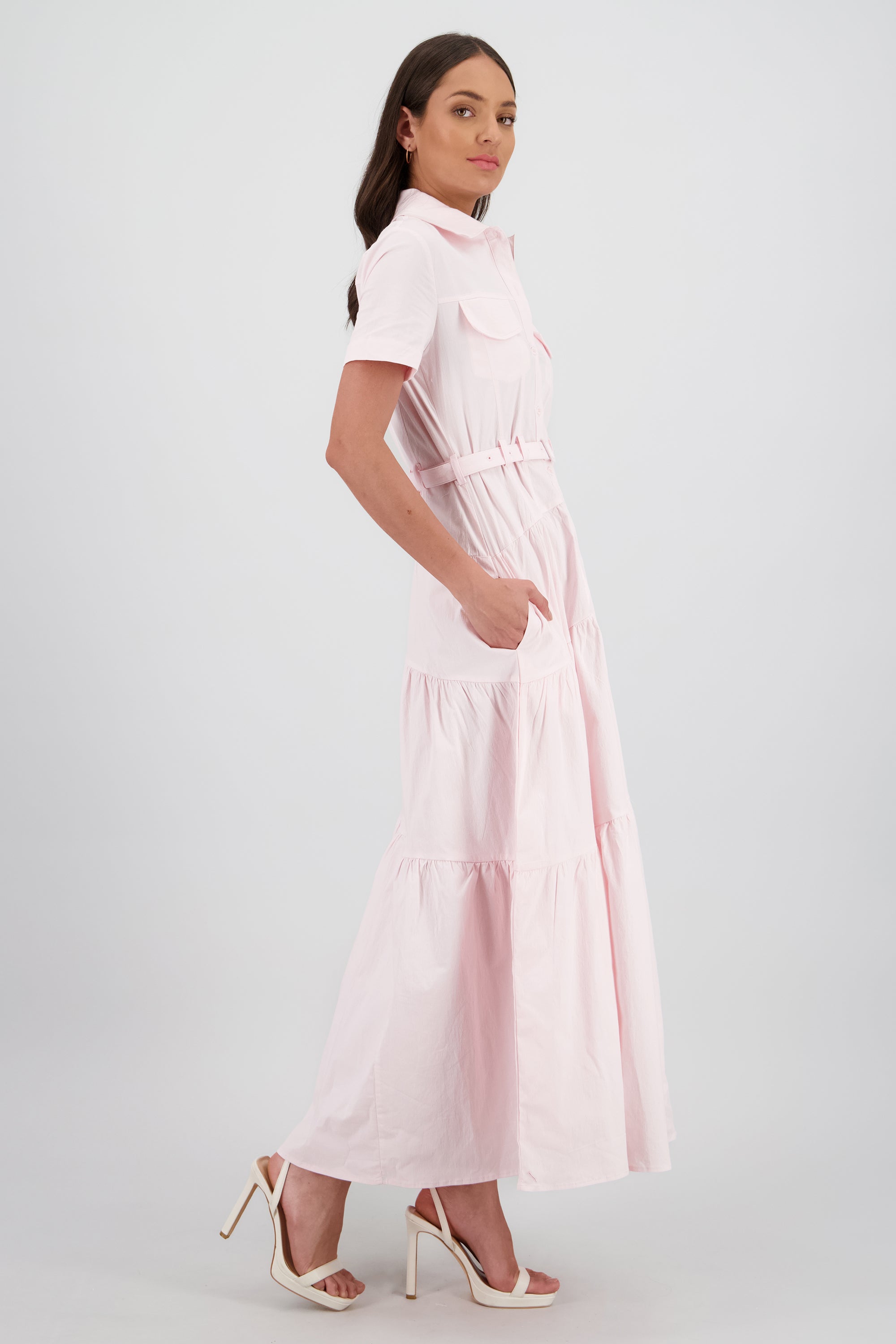 Vestido midi camisero manga corta cuello ROSA