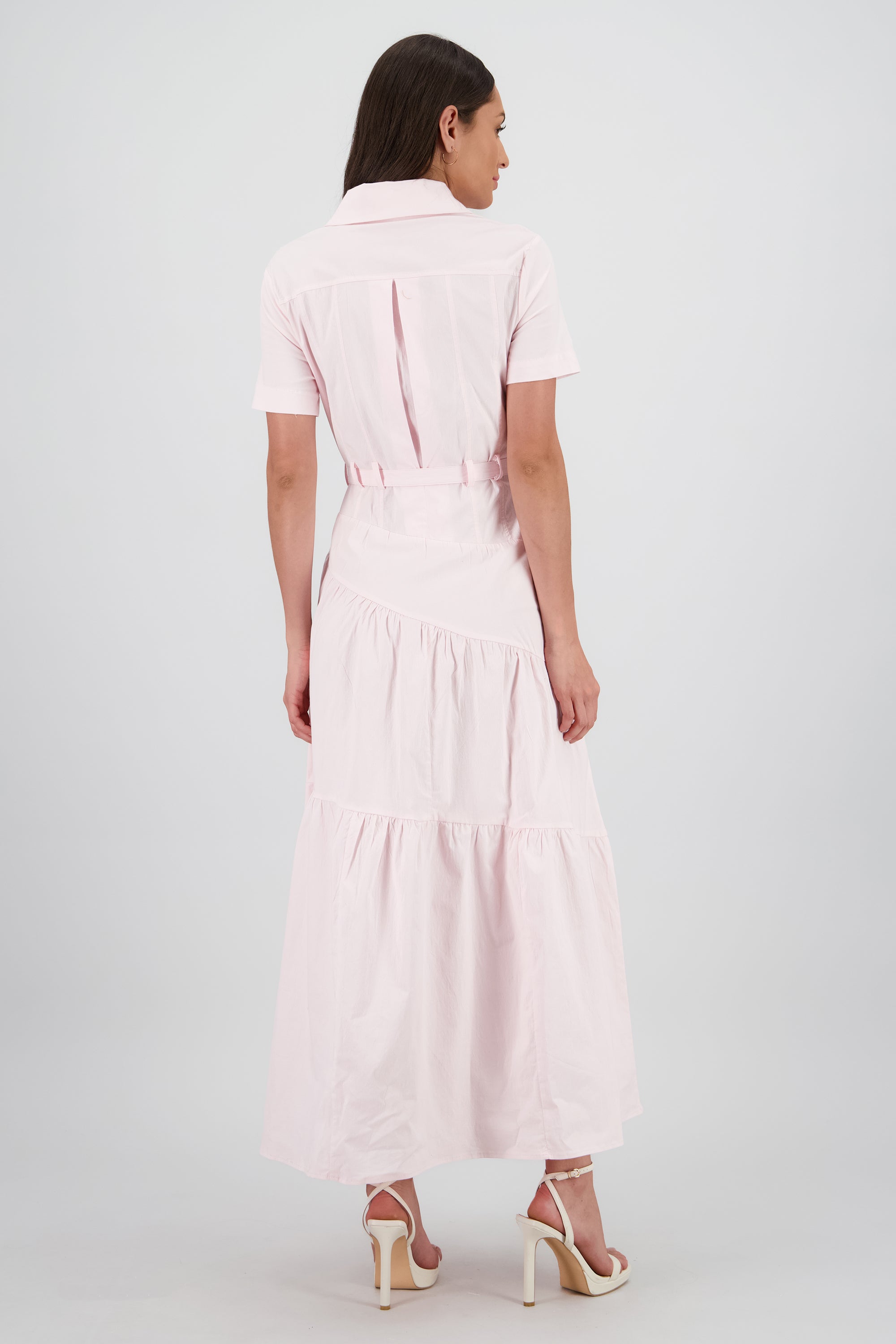 Vestido midi camisero manga corta cuello ROSA