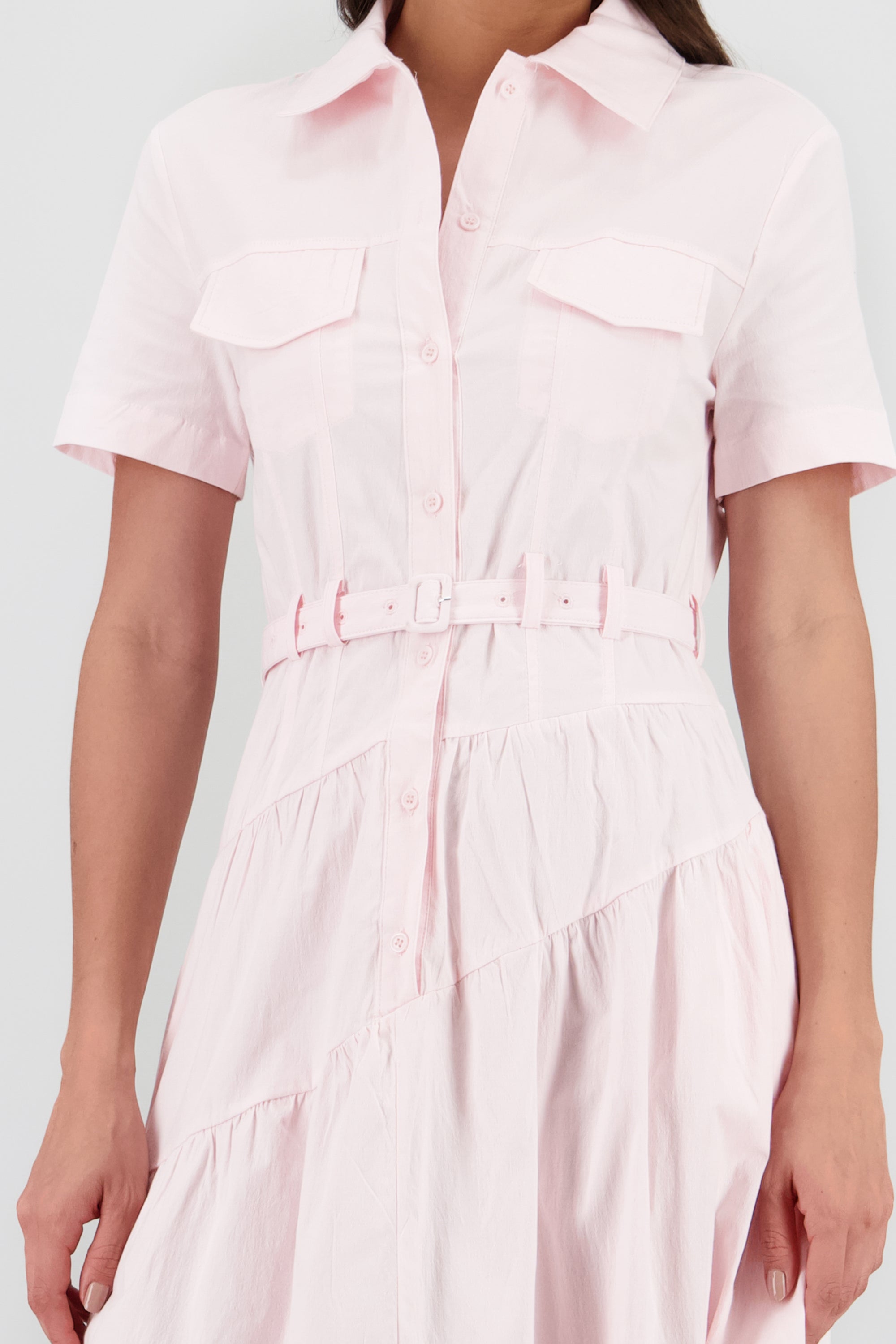 Vestido midi camisero manga corta cuello ROSA