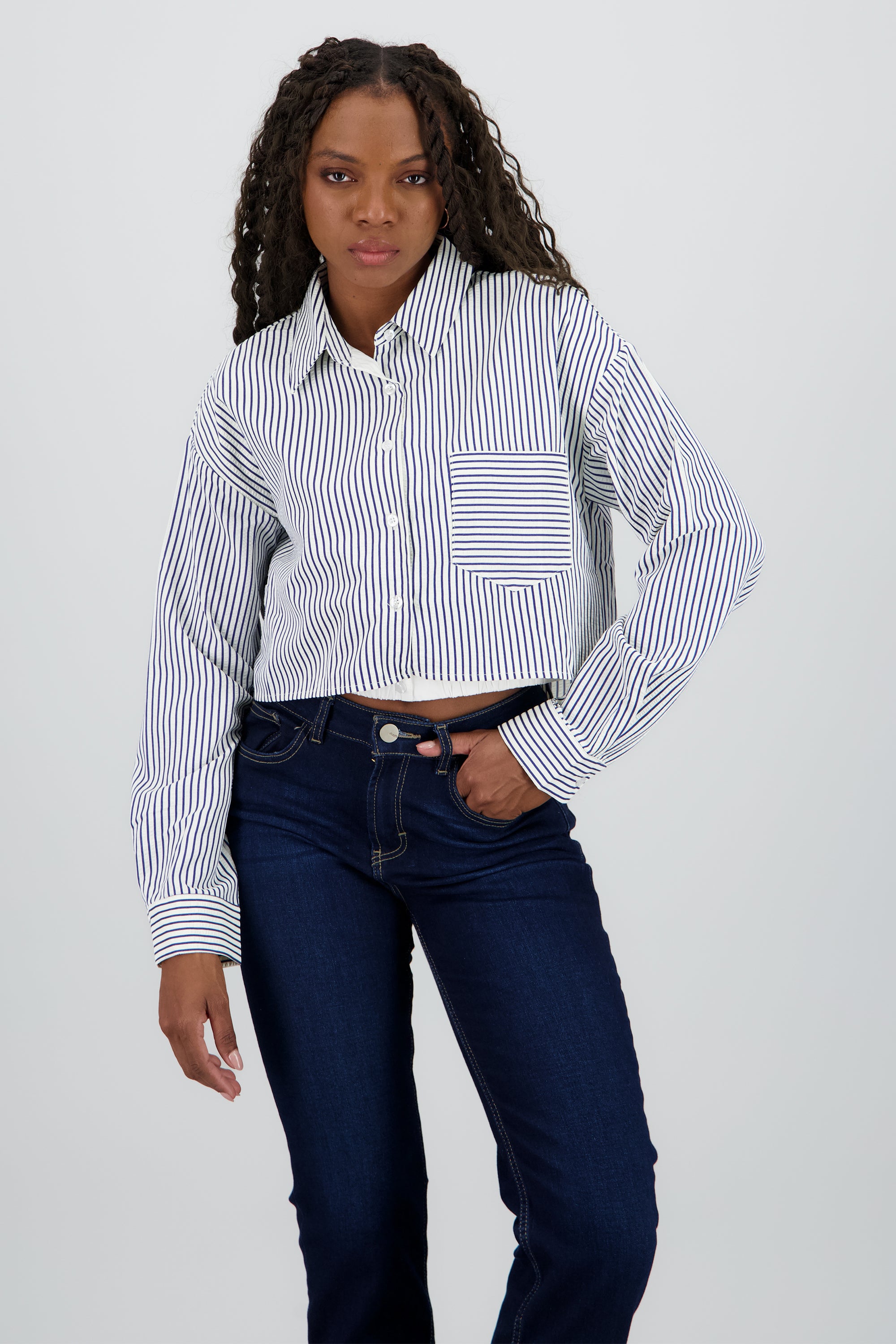 camisa manga larga detalle rayas cuello AZUL COMBO