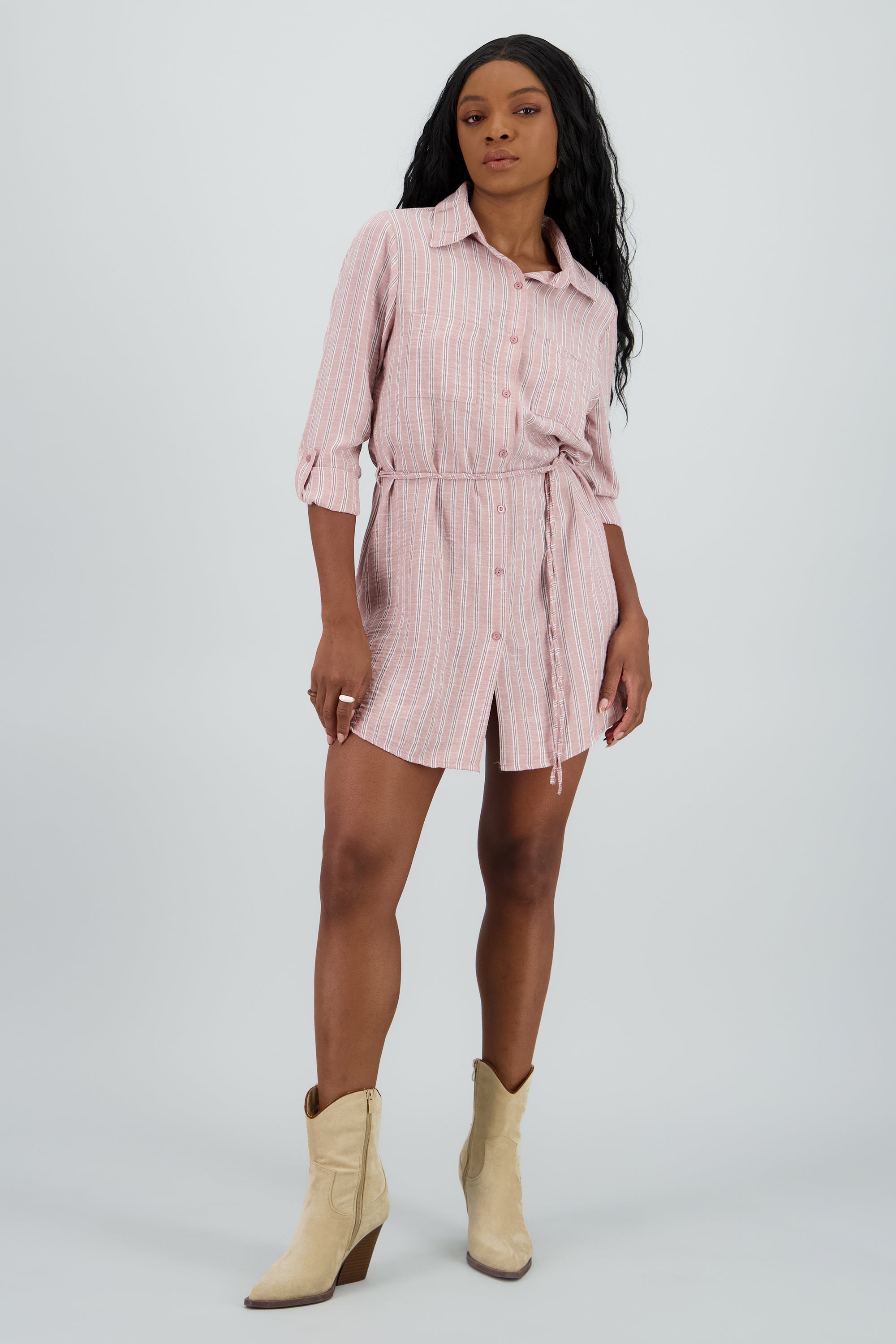 Vestido camisero rayas detalle cinturon ROSA COMBO