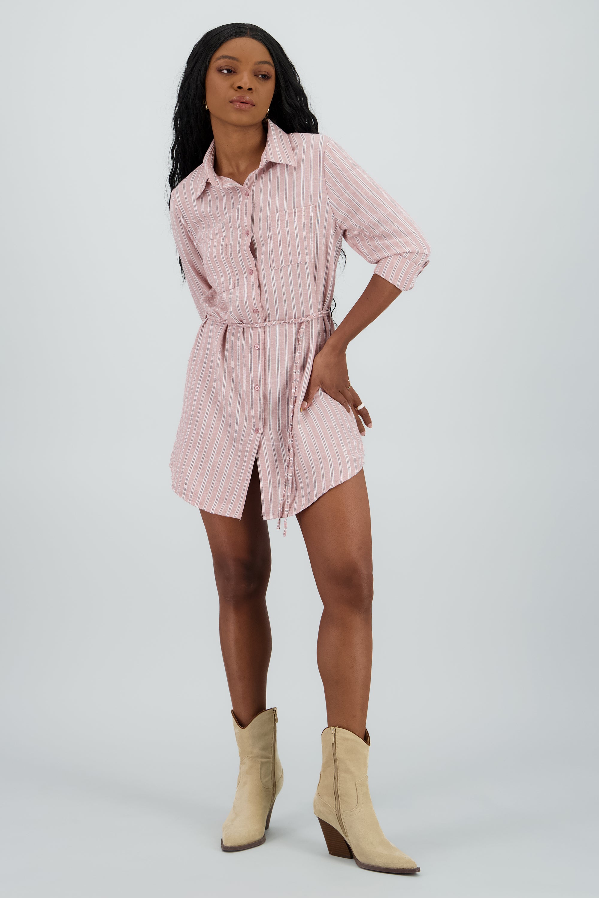 Vestido camisero rayas detalle cinturon ROSA COMBO