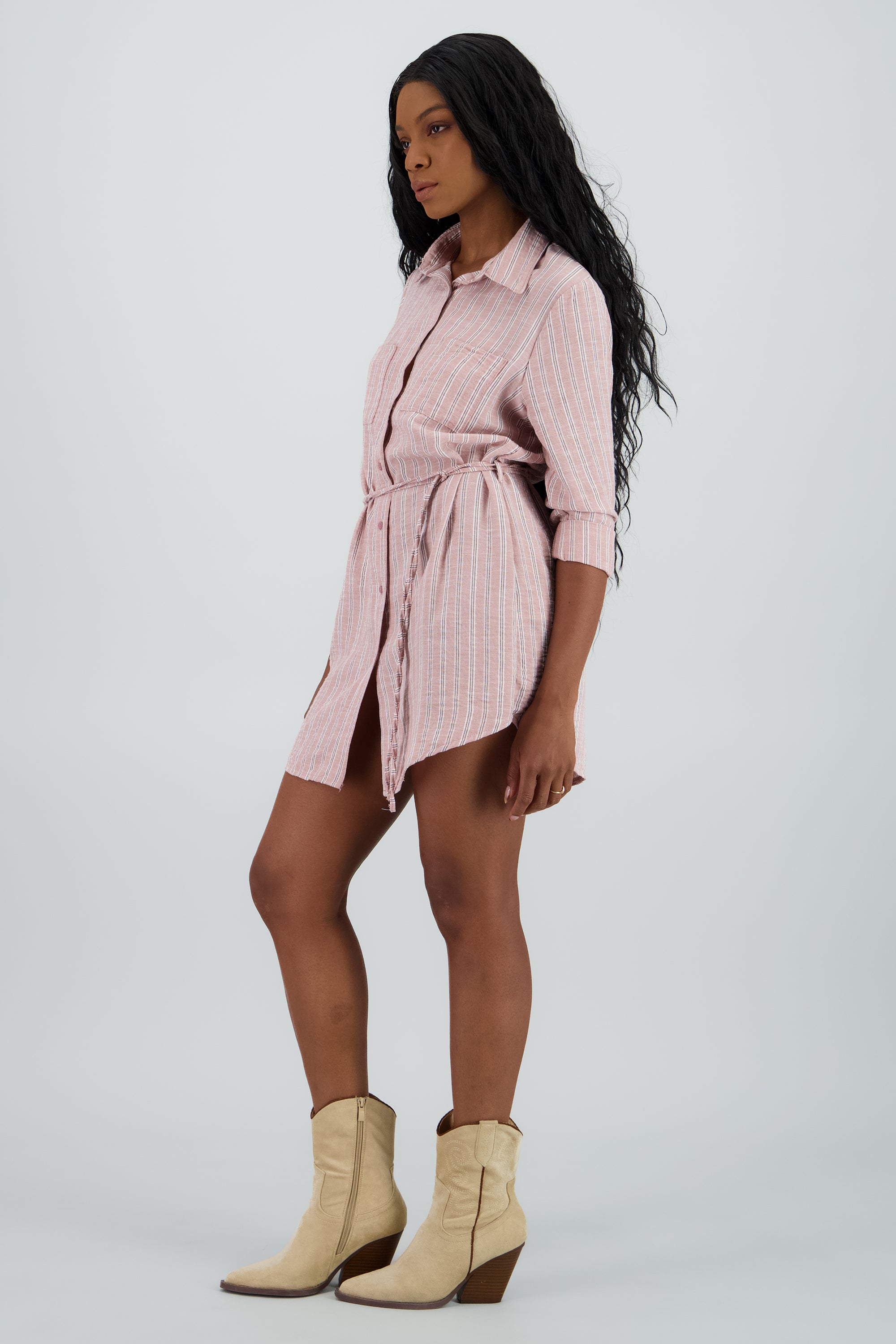 Vestido camisero rayas detalle cinturon ROSA COMBO
