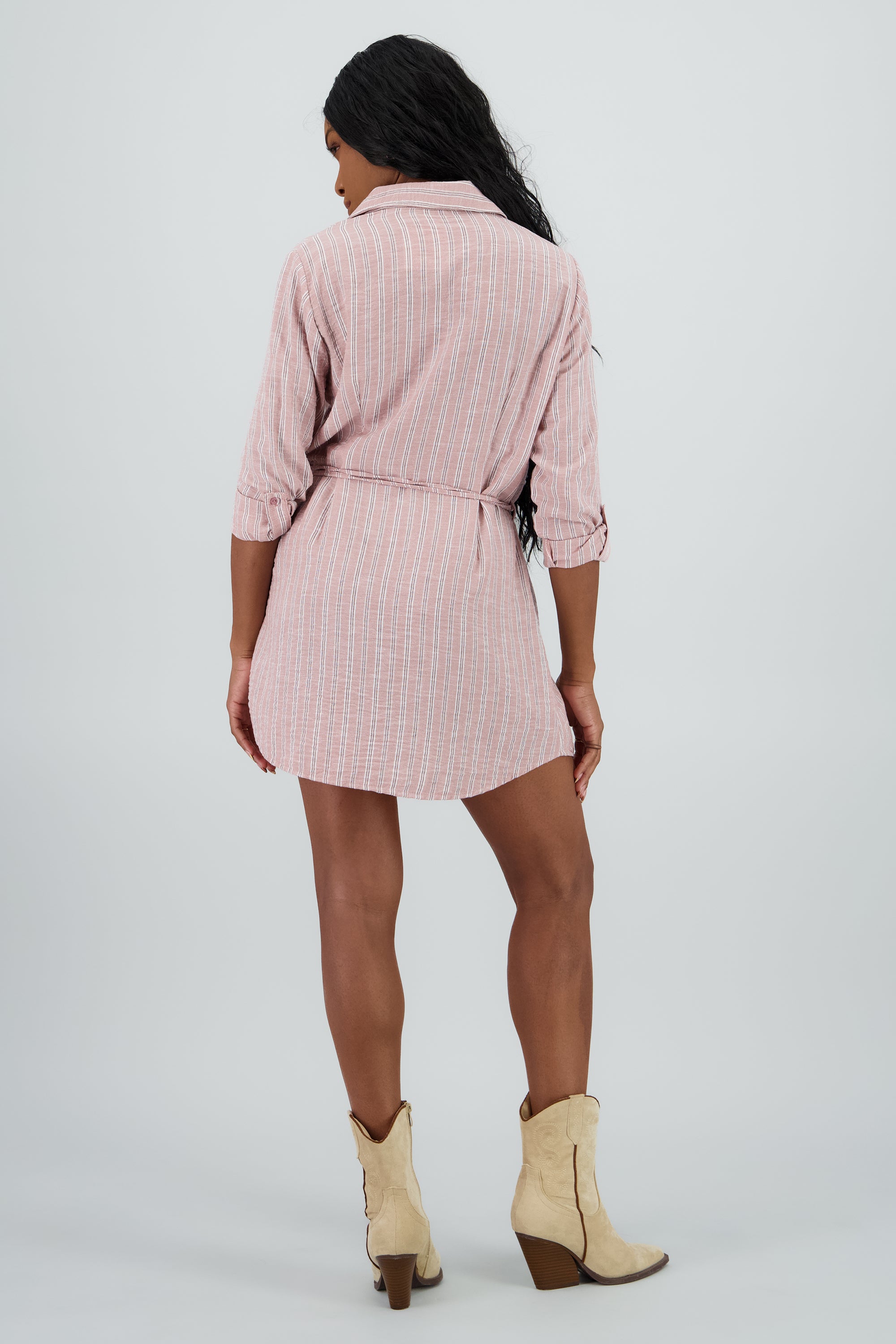 Vestido camisero rayas detalle cinturon ROSA COMBO