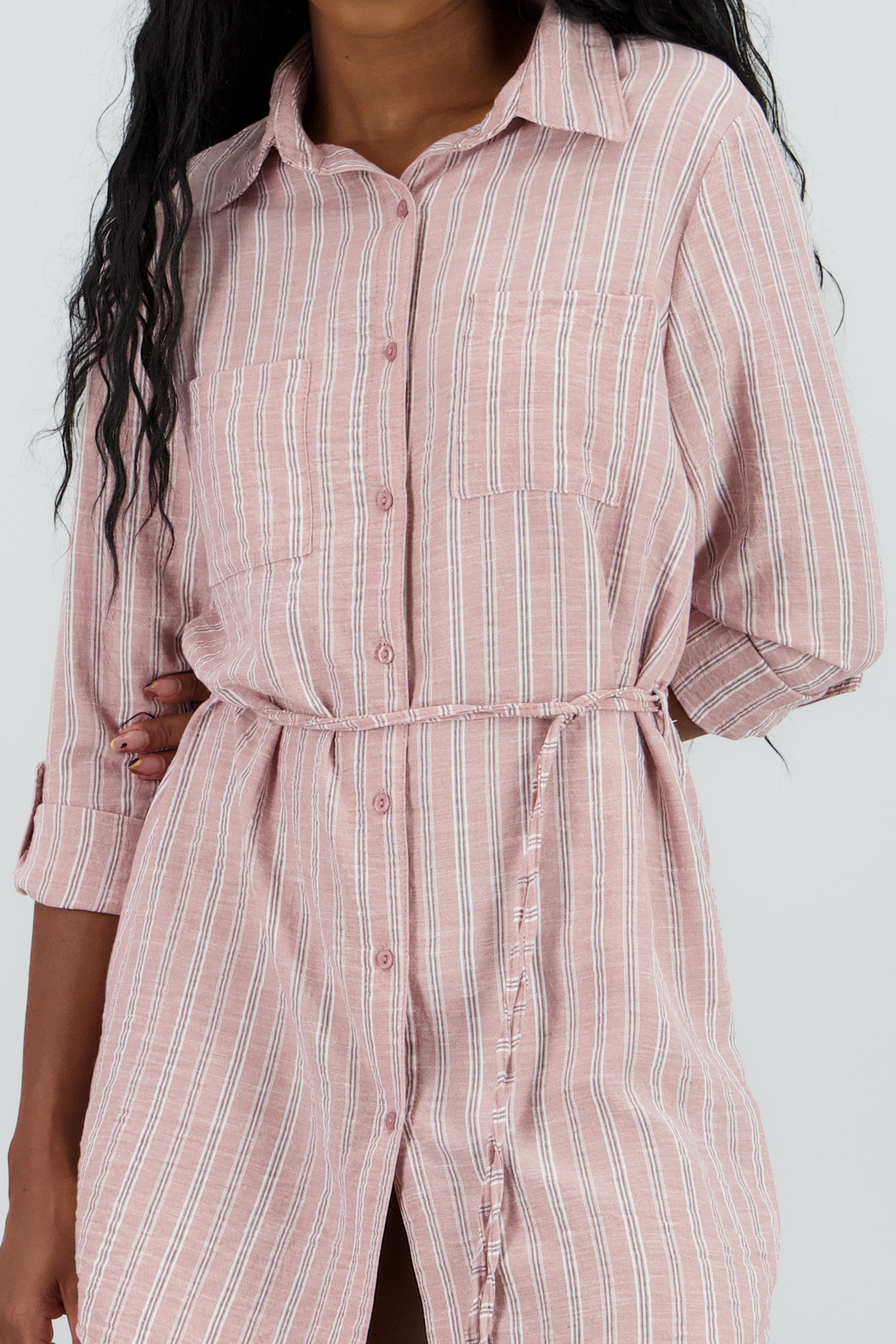 Vestido camisero rayas detalle cinturon ROSA COMBO