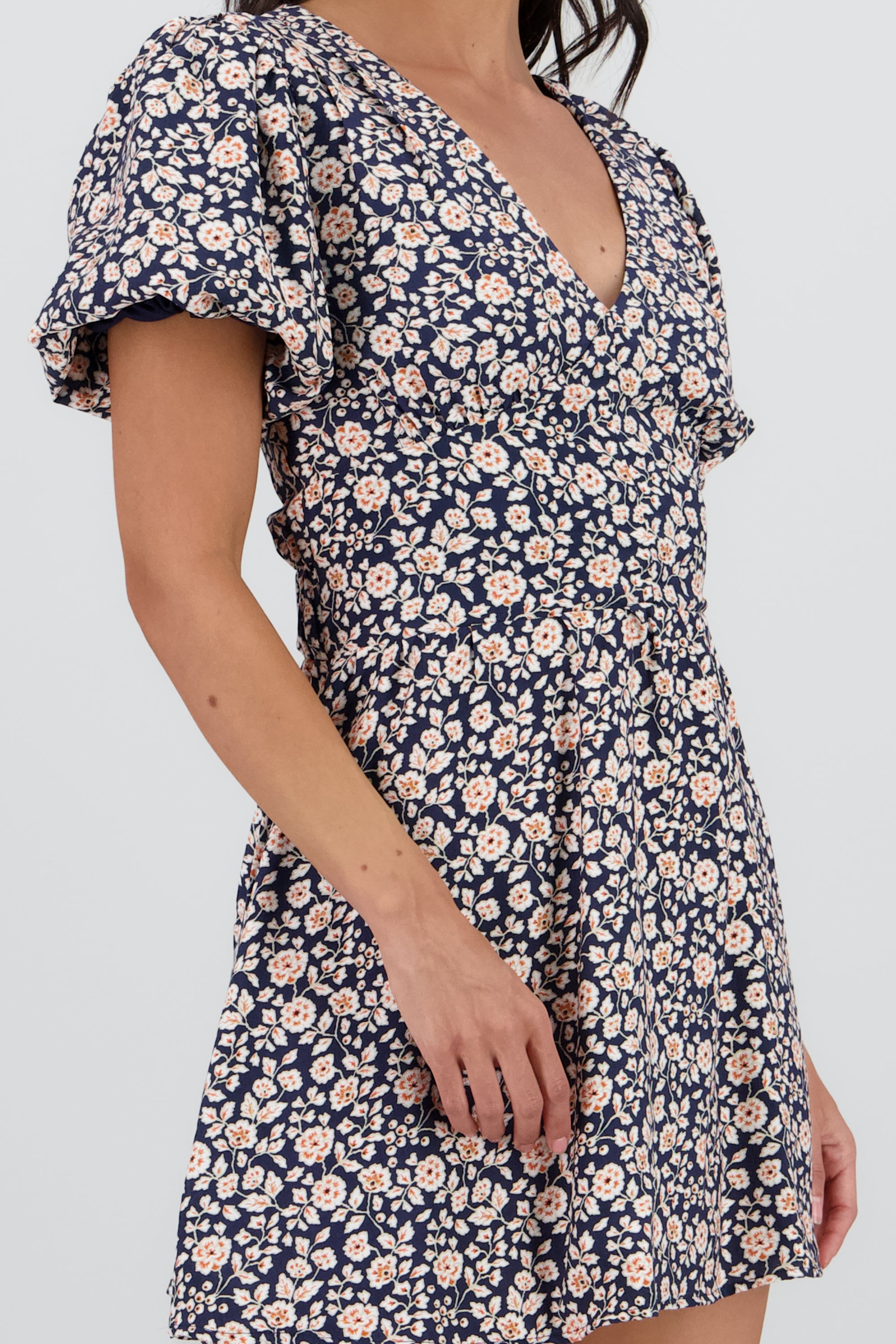Vestido escote v flores AZUL COMBO