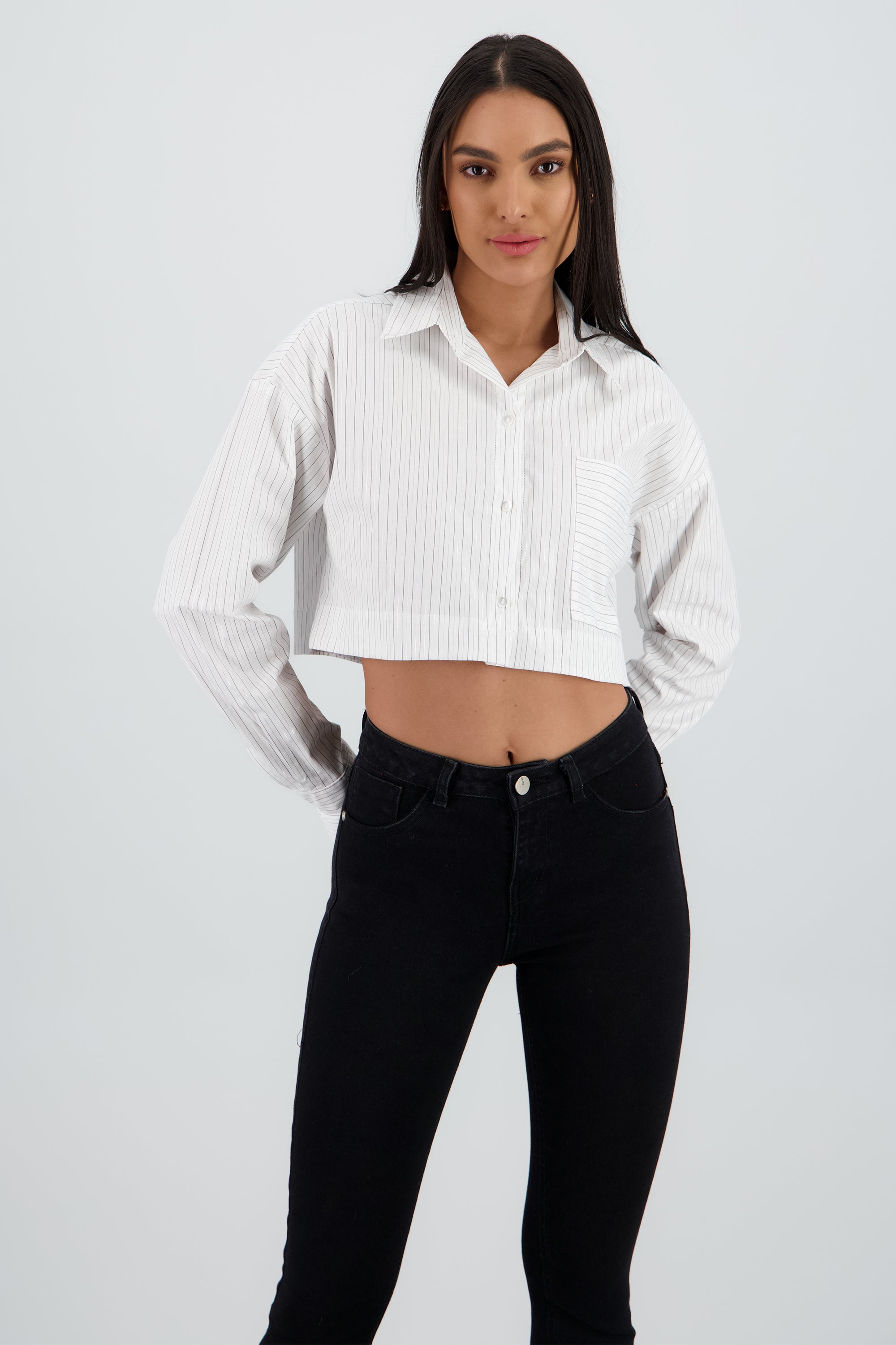 Camisa manga larga cuello detalle bolsa BLANCO COMBO