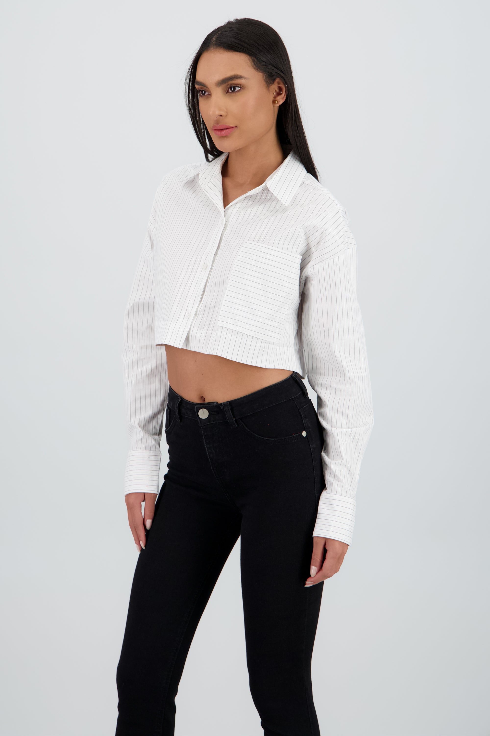 Camisa manga larga cuello detalle bolsa BLANCO COMBO