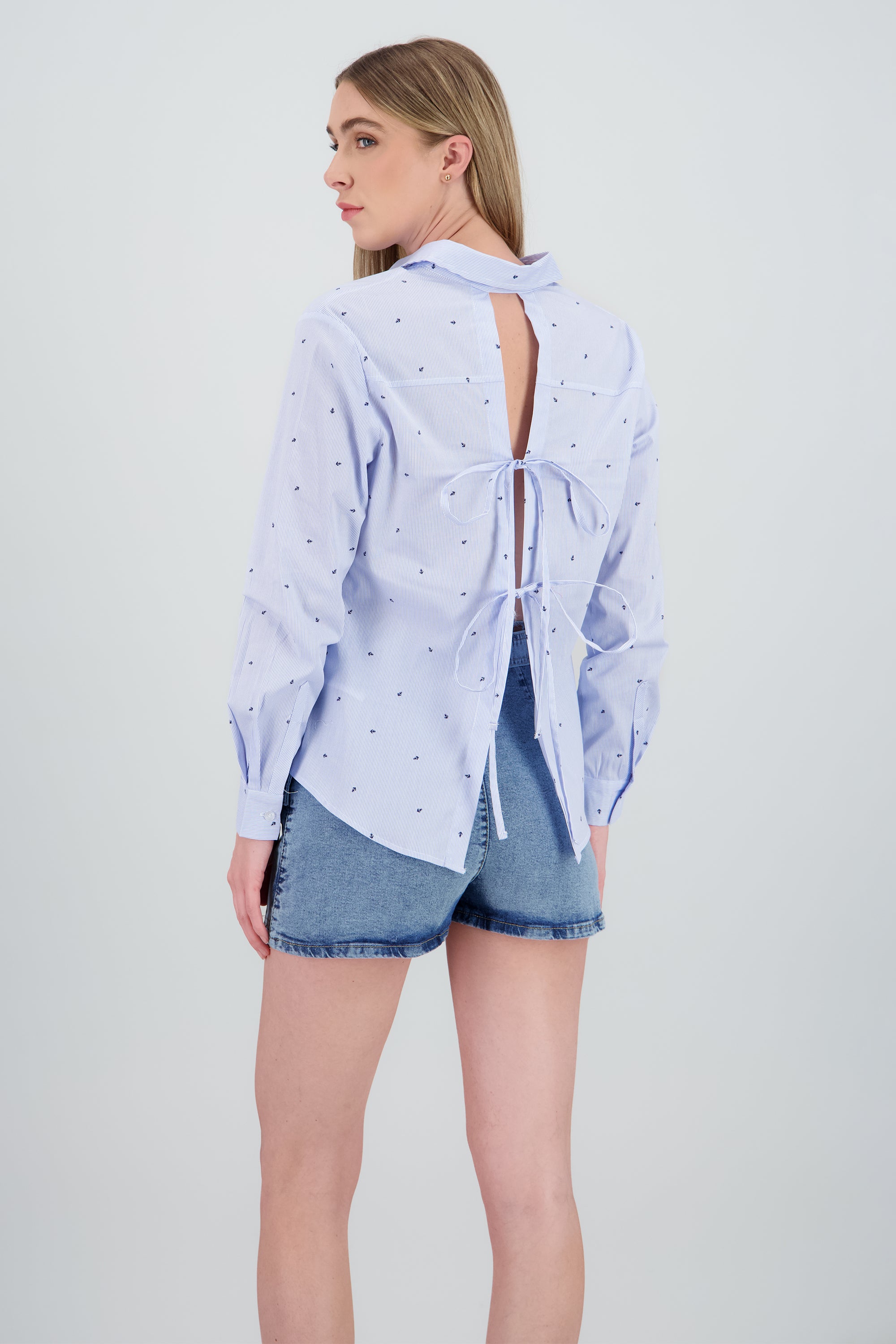 Camisa manga larga espalda lazos detalle anclas AZUL