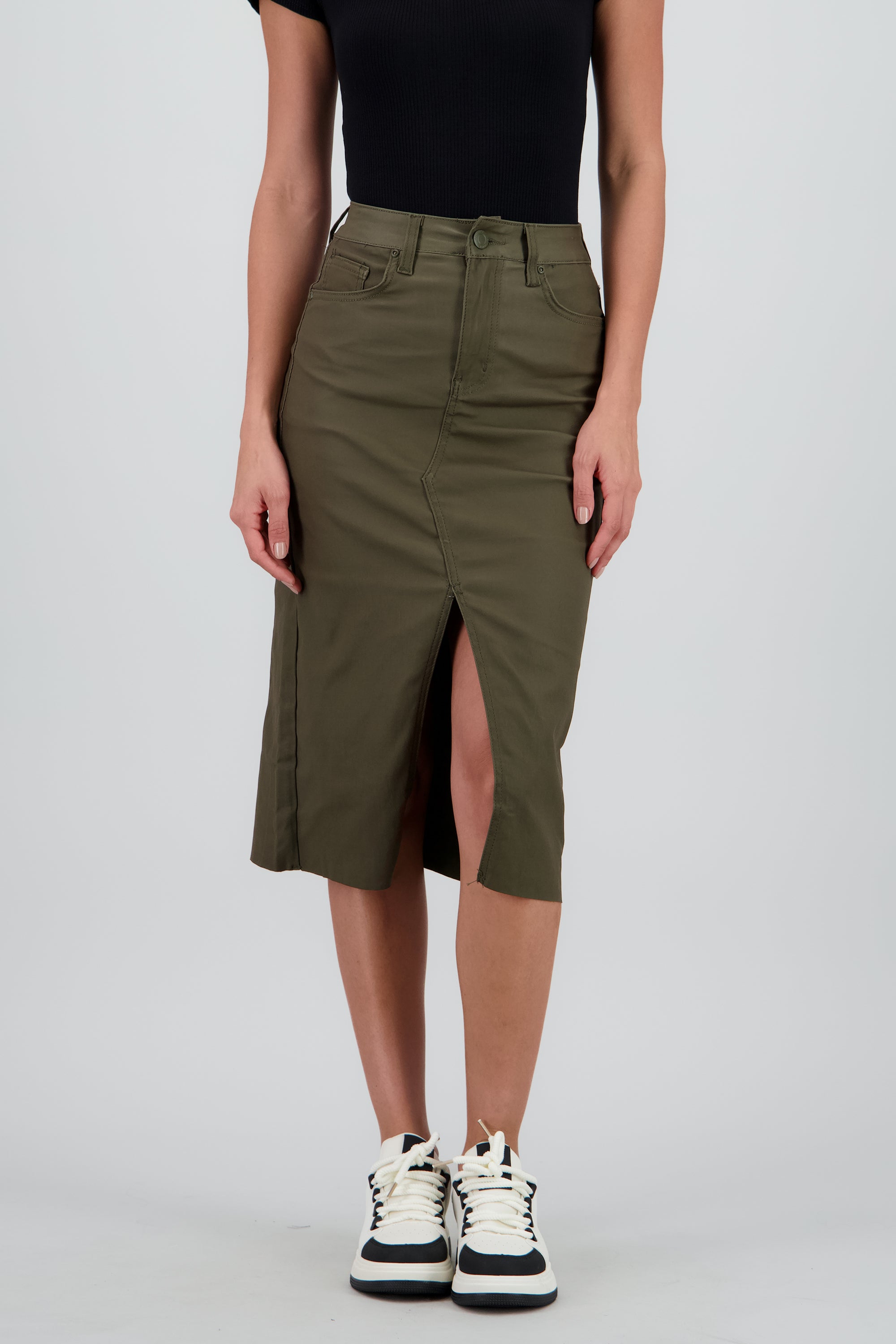 Falda midi pu detalle abertura VERDE CAZADOR