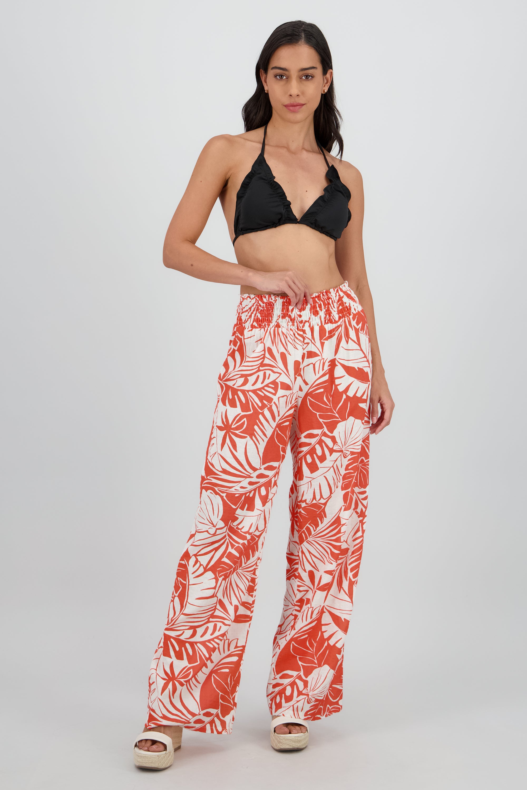 Pantalon recto detalle smock ancho NARANJA COMBO