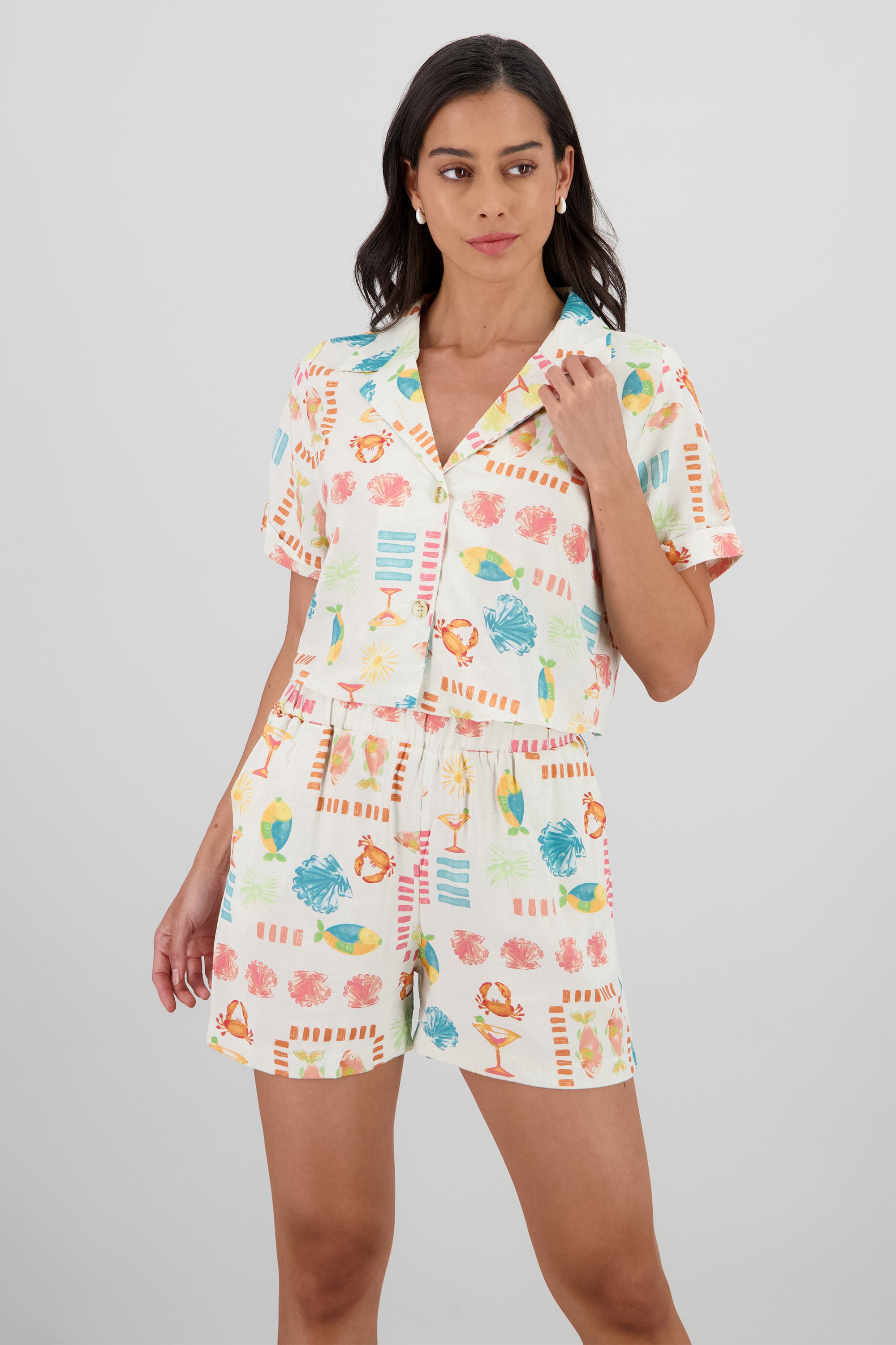 Camisa manga corta detalle cuello estampado BLANCO COMBO