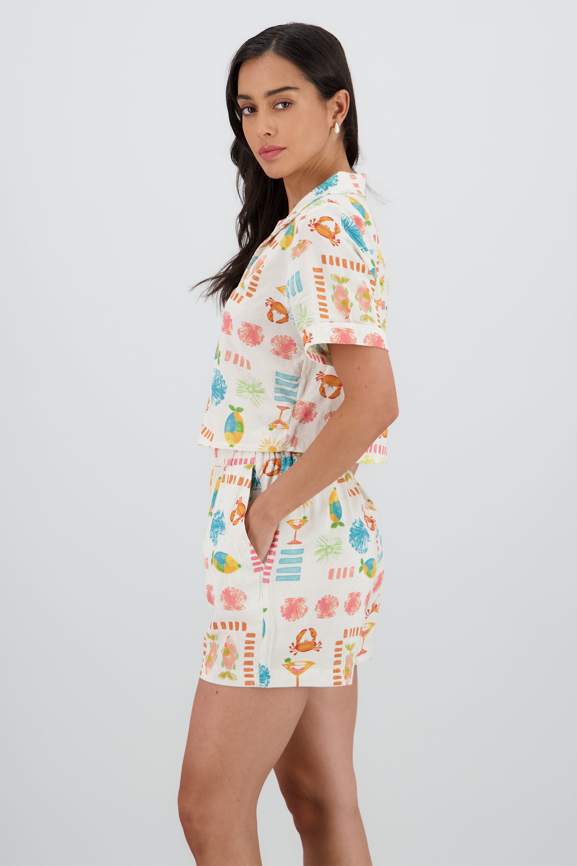 Camisa manga corta detalle cuello estampado BLANCO COMBO